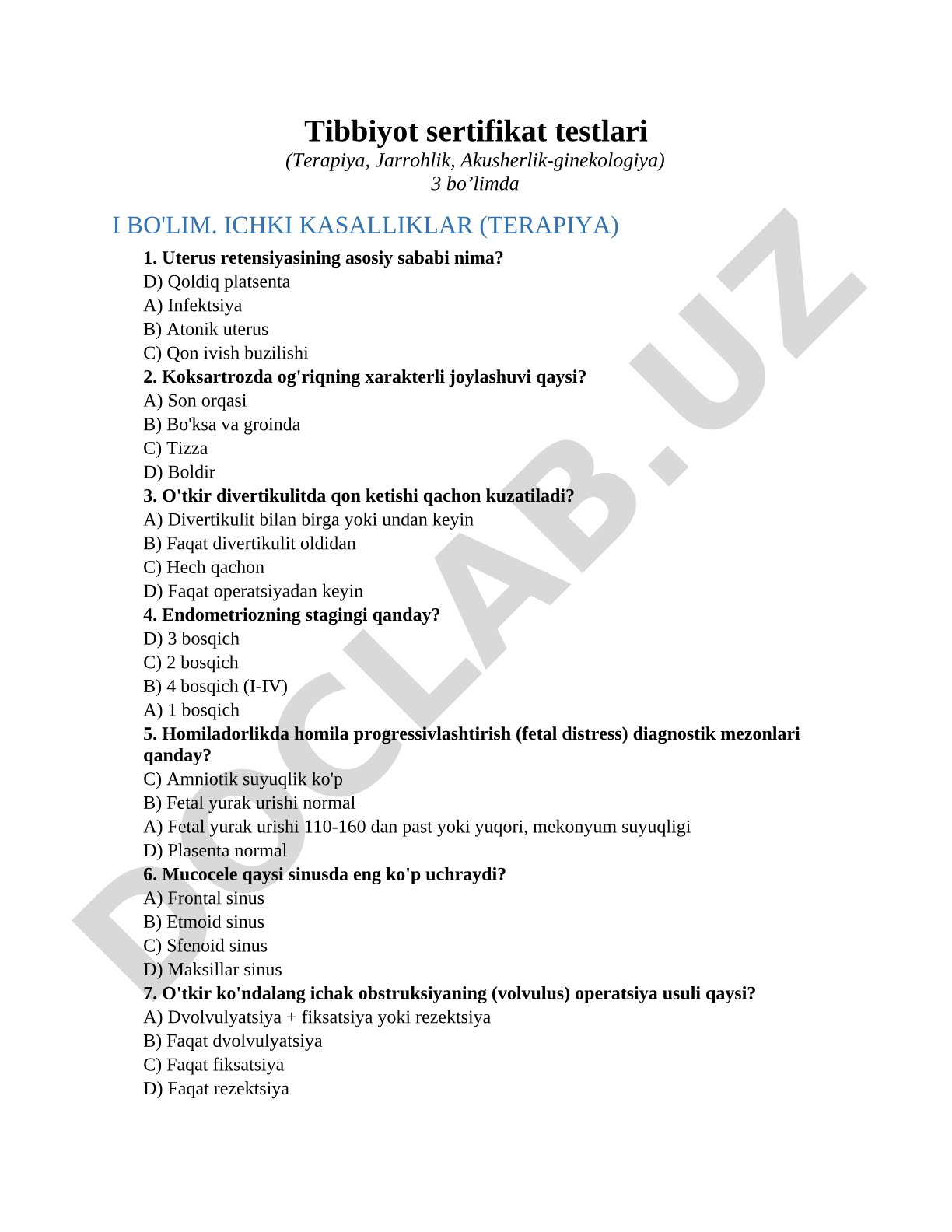 Tibbiyot sertifikat testlari (Terapiya, Jarrohlik, Akusherlik-ginekologiya)