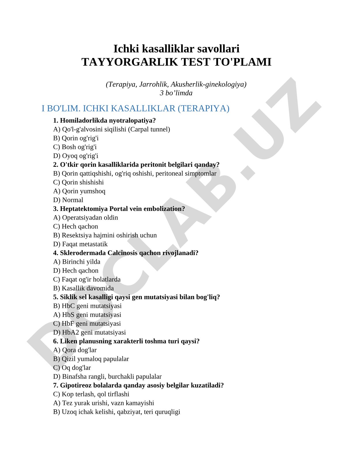 Ichki kasalliklar savollari tayyorgarlik test to'plami (Terapiya, Jarrohlik, Akusherlik-ginekologiya)