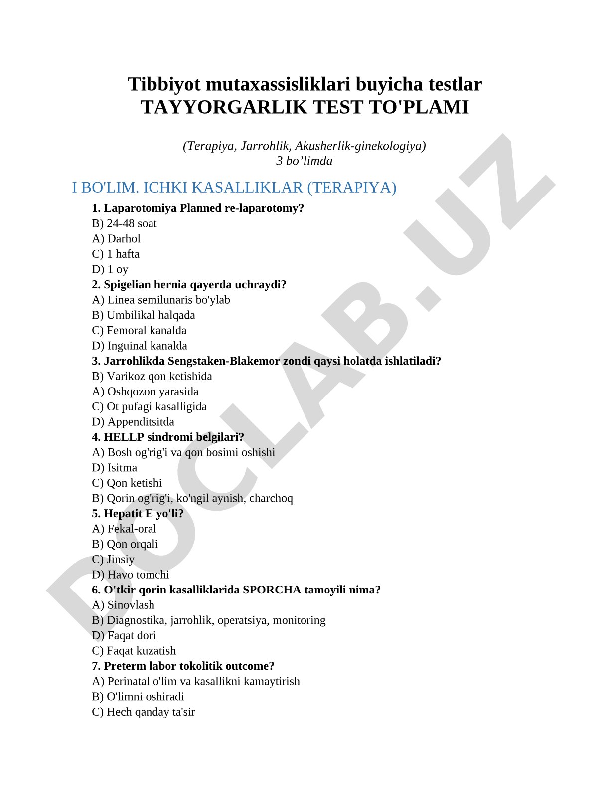 Tibbiyot mutaxassisliklari buyicha testlar tayyorgarlik test to'plami (Terapiya, jarrohlik, akusherlik-ginekologiya)