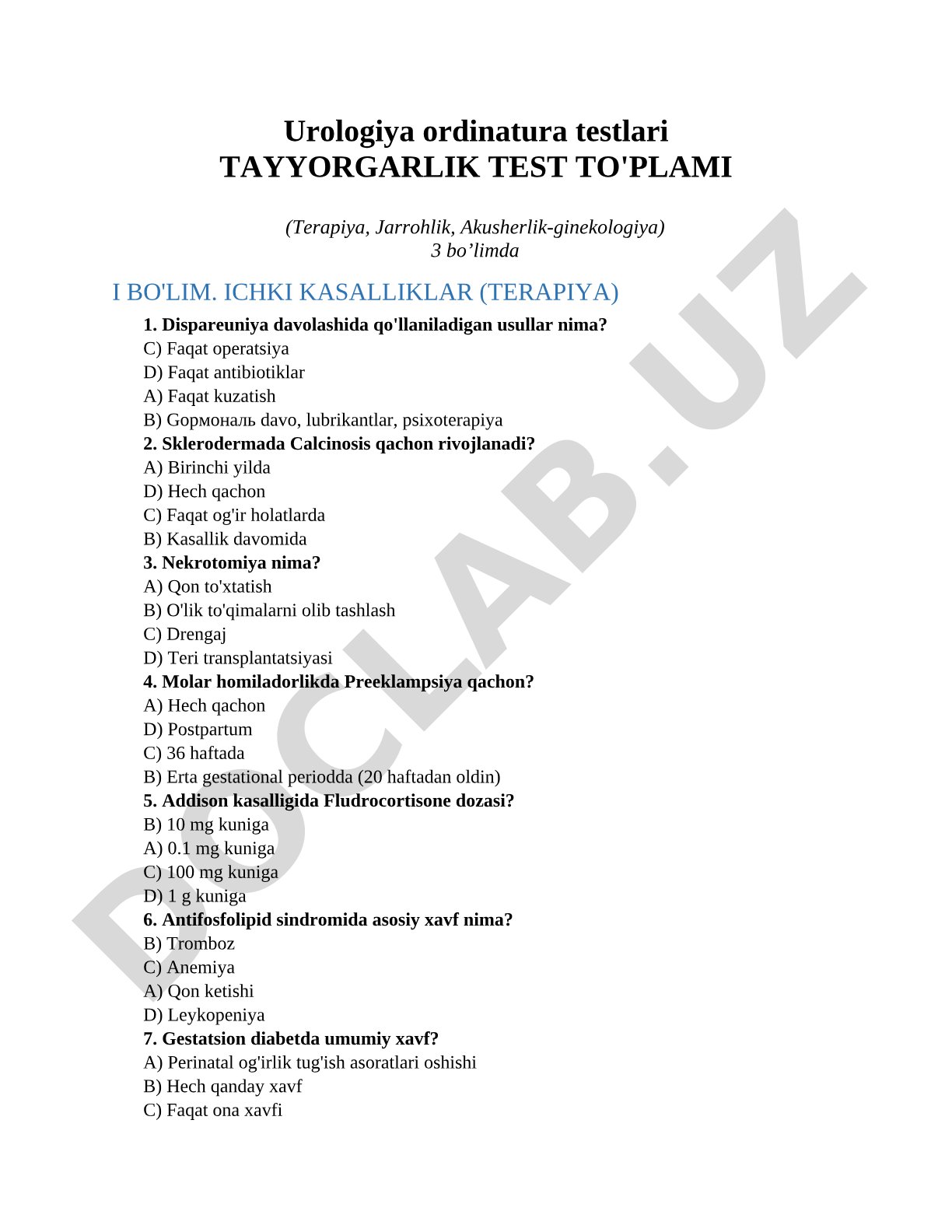 Urologiya ordinatura testlari tayyorgarlik test to'plami (Terapiya, Jarrohlik, Akusherlik-ginekologiya)