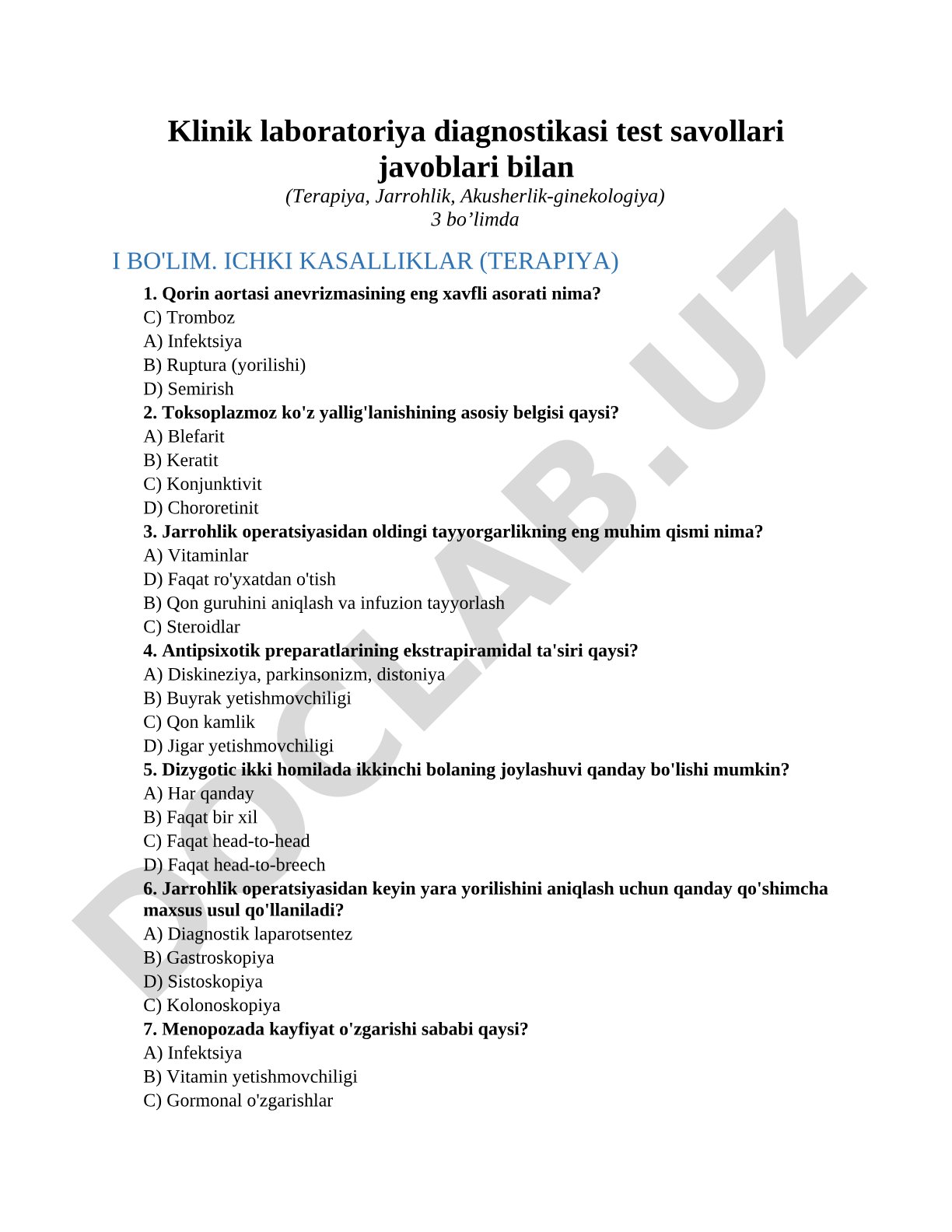 Klinik laboratoriya diagnostikasi test savollari javoblari bilan (Terapiya, Jarrohlik, Akusherlik-ginekologiya)