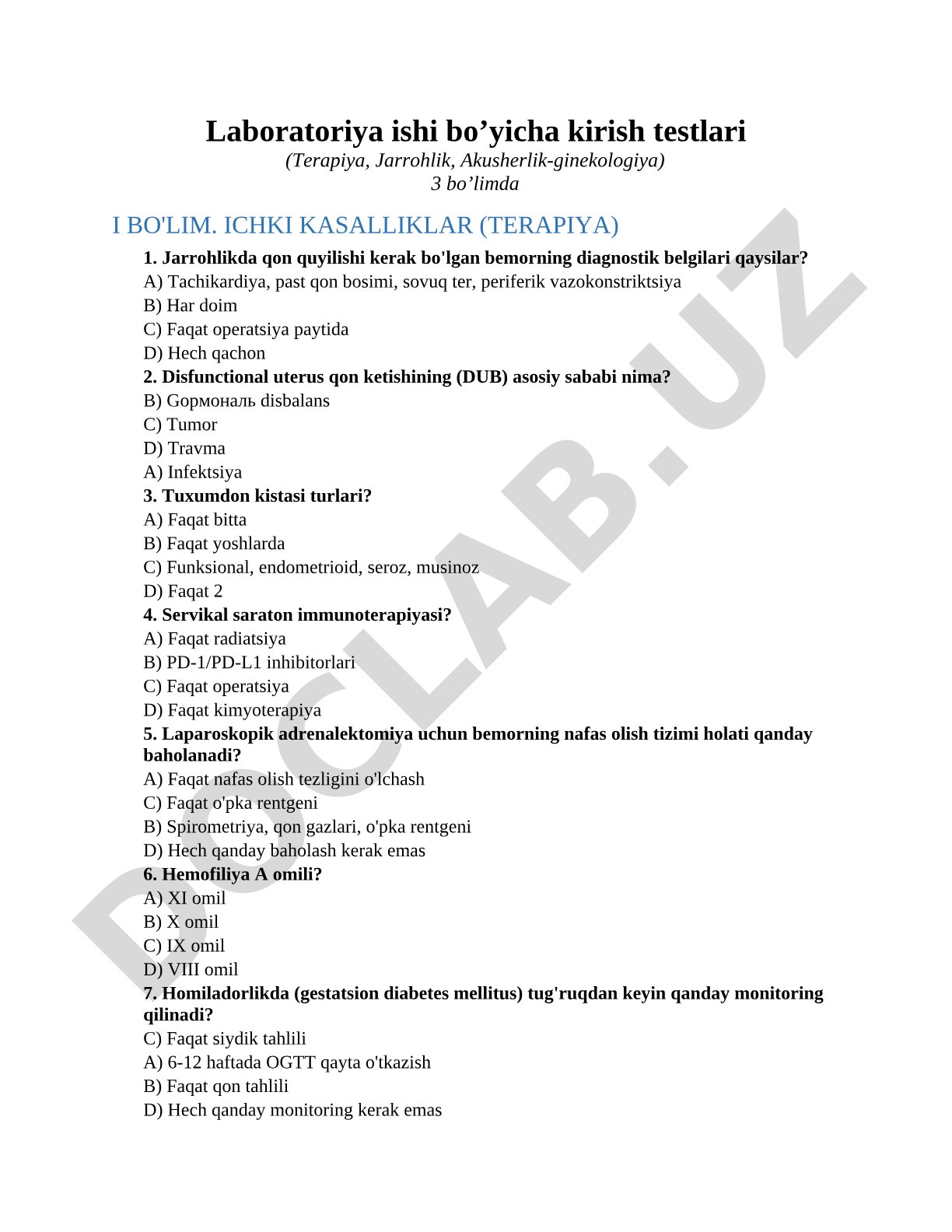 Laboratoriya ishi bo’yicha kirish testlari (Terapiya, Jarrohlik, Akusherlik-ginekologiya)