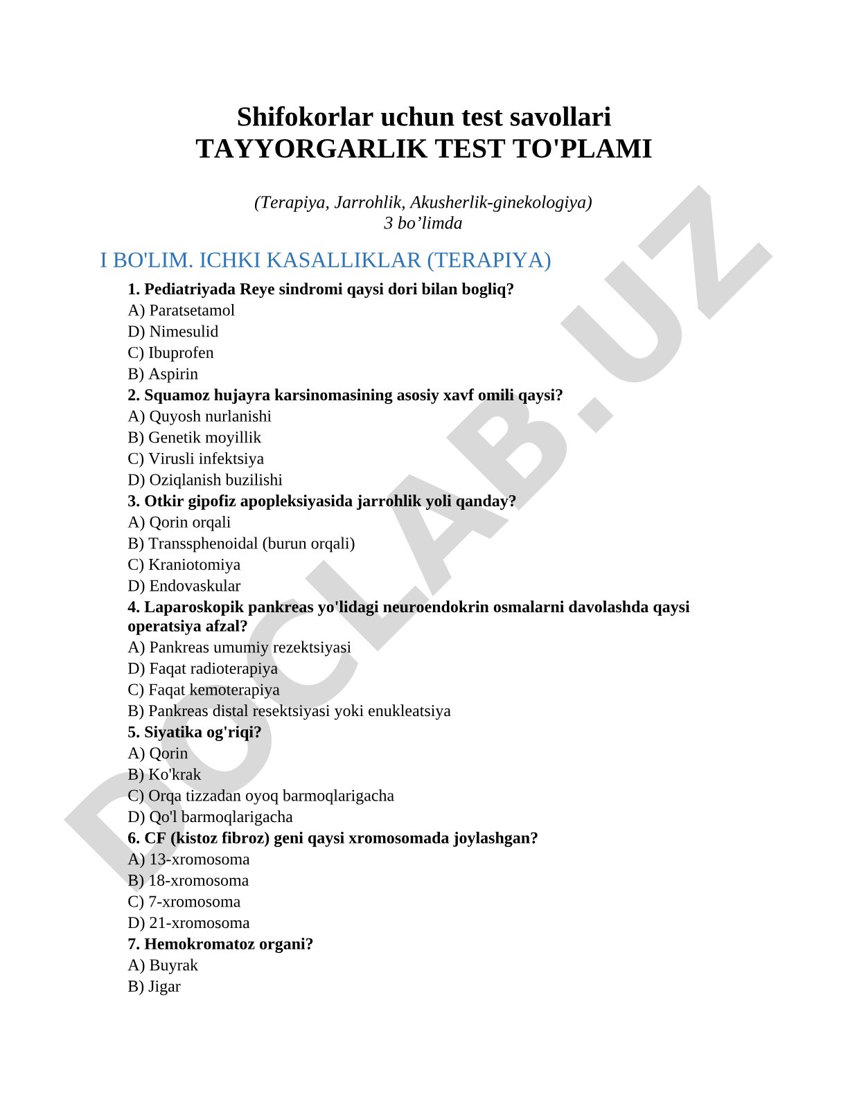 Shifokorlar uchun test savollari Tayyorgarlik test to'plami (Terapiya, Jarrohlik, Akusherlik-ginekologiya)