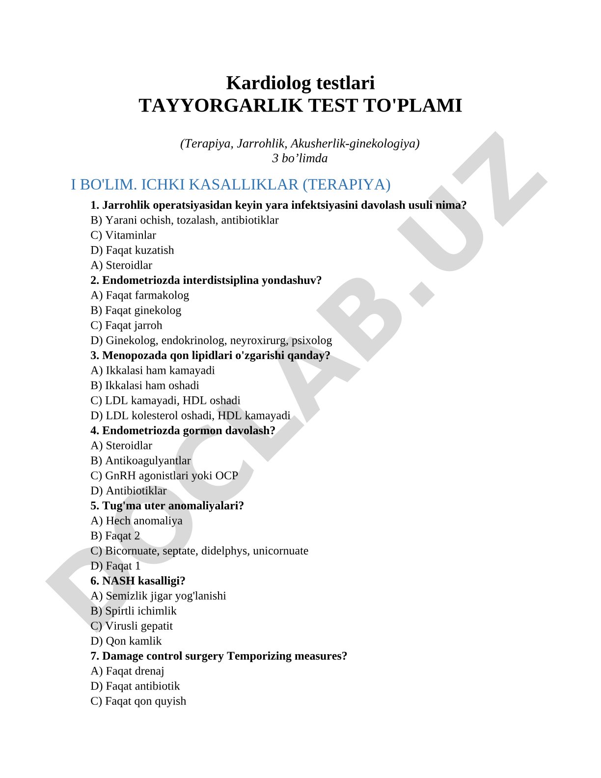 Kardiolog testlari TAYYORGARLIK TEST TO'PLAMI (Terapiya, Jarrohlik, Akusherlik-ginekologiya)
