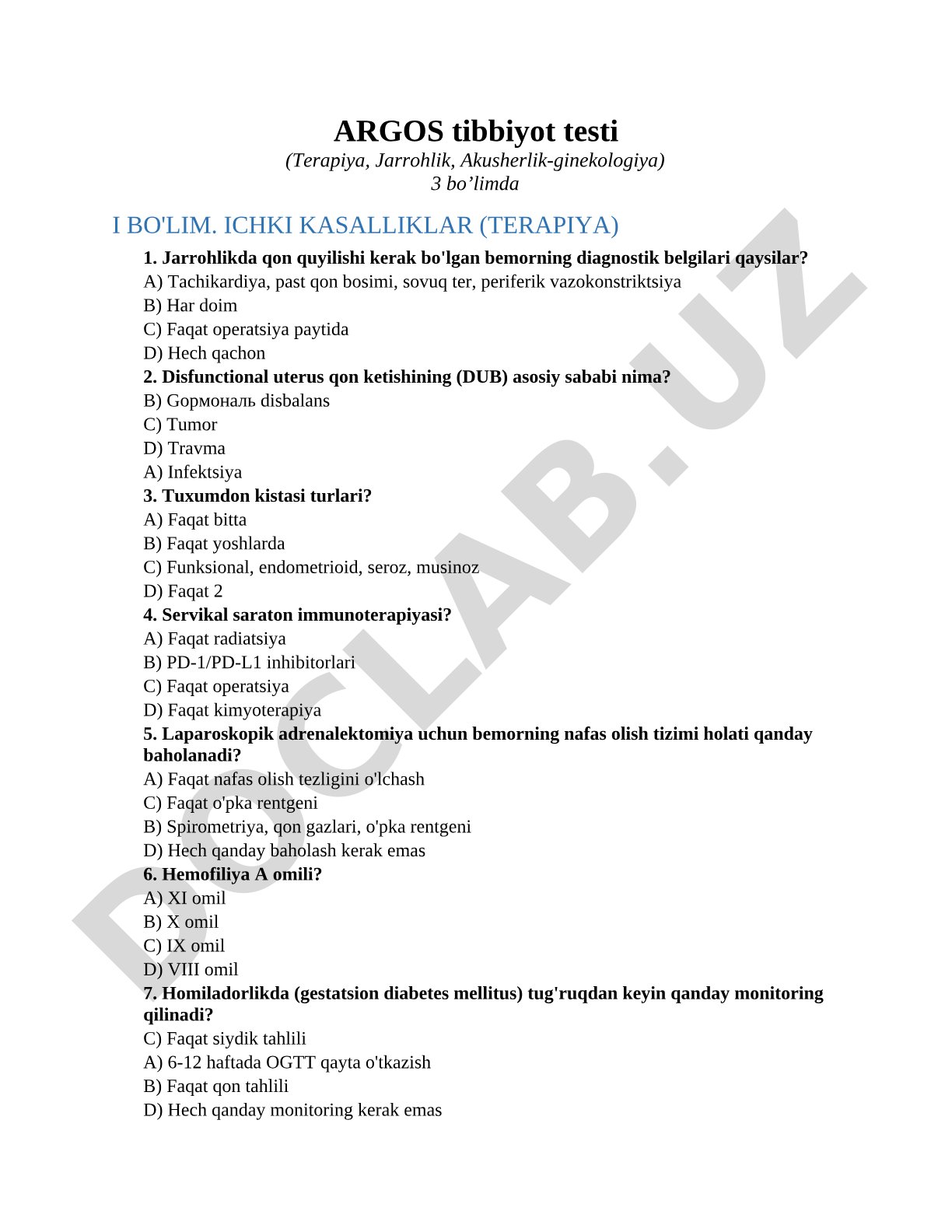 ARGOS tibbiyot testi (Terapiya, Jarrohlik, Akusherlik-ginekologiya)