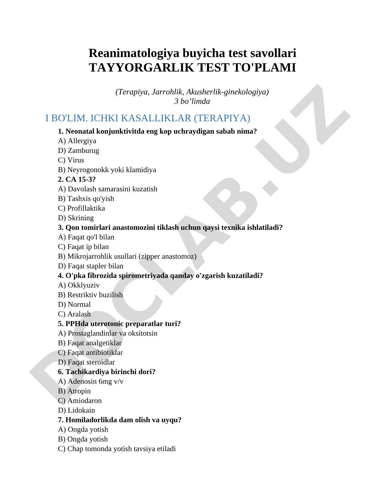 Reanimatologiya buyicha test savollari