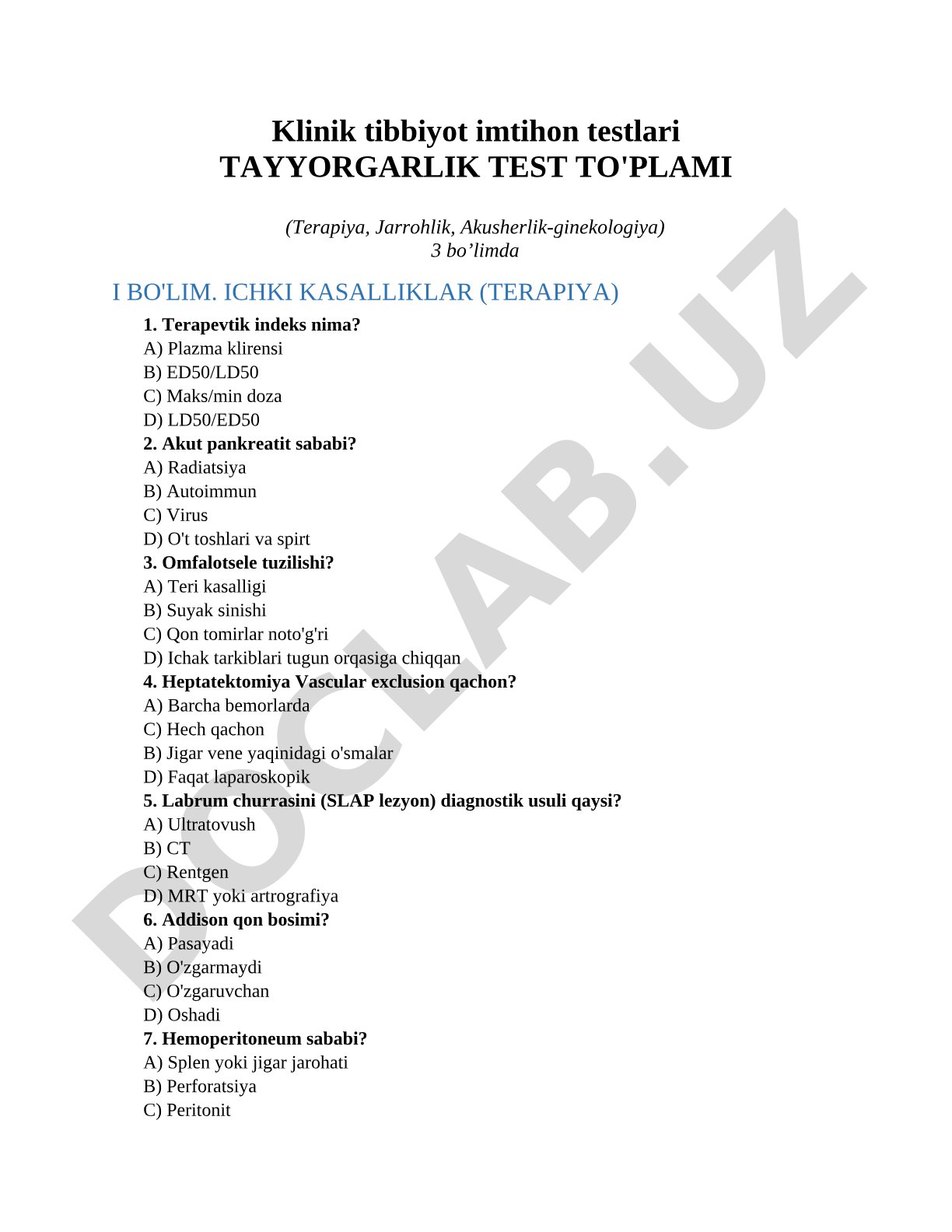 Klinik tibbiyot imtihon testlari TAYYORGARLIK TEST TO'PLAMI (Terapiya, Jarrohlik, Akusherlik-ginekologiya)