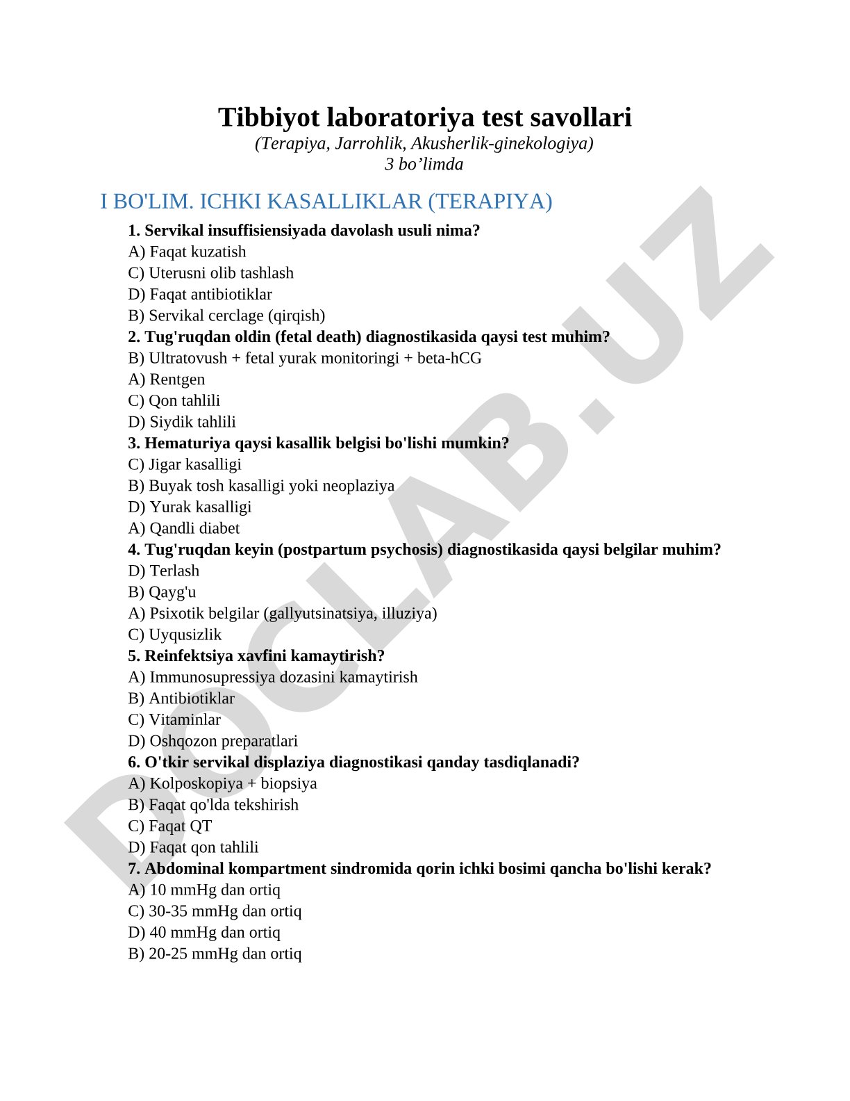 Tibbiyot laboratoriya test savollari (Terapiya, Jarrohlik, Akusherlik-ginekologiya)