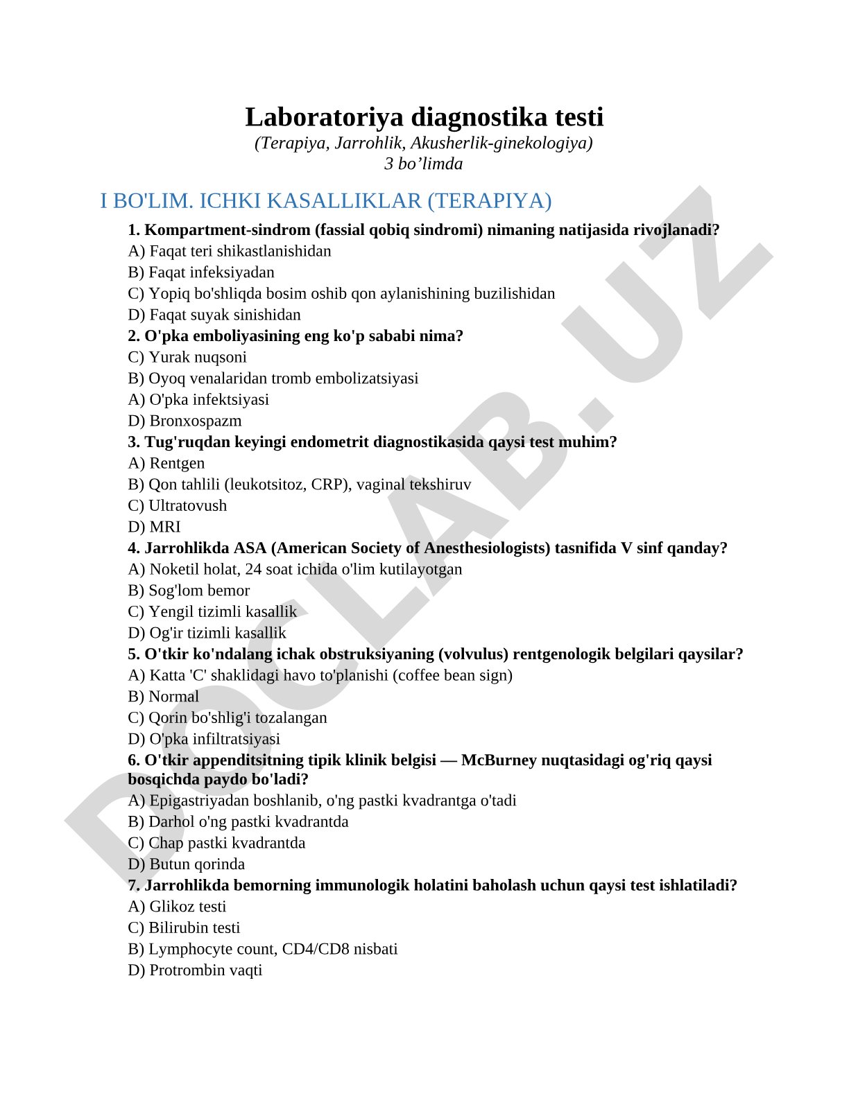 Laboratoriya diagnostika testi (Terapiya, Jarrohlik, Akusherlik-ginekologiya) 3 bo'limda