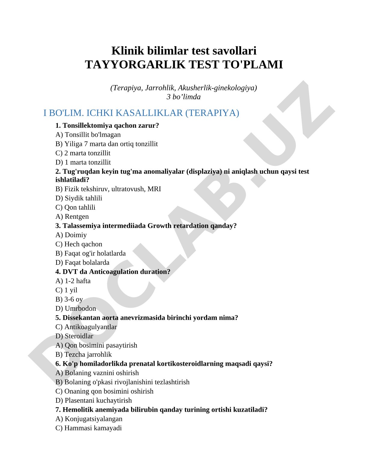 Klinik bilimlar test savollari Tayyorgarlik test to'plami (Terapiya, Jarrohlik, Akusherlik-ginekologiya)
