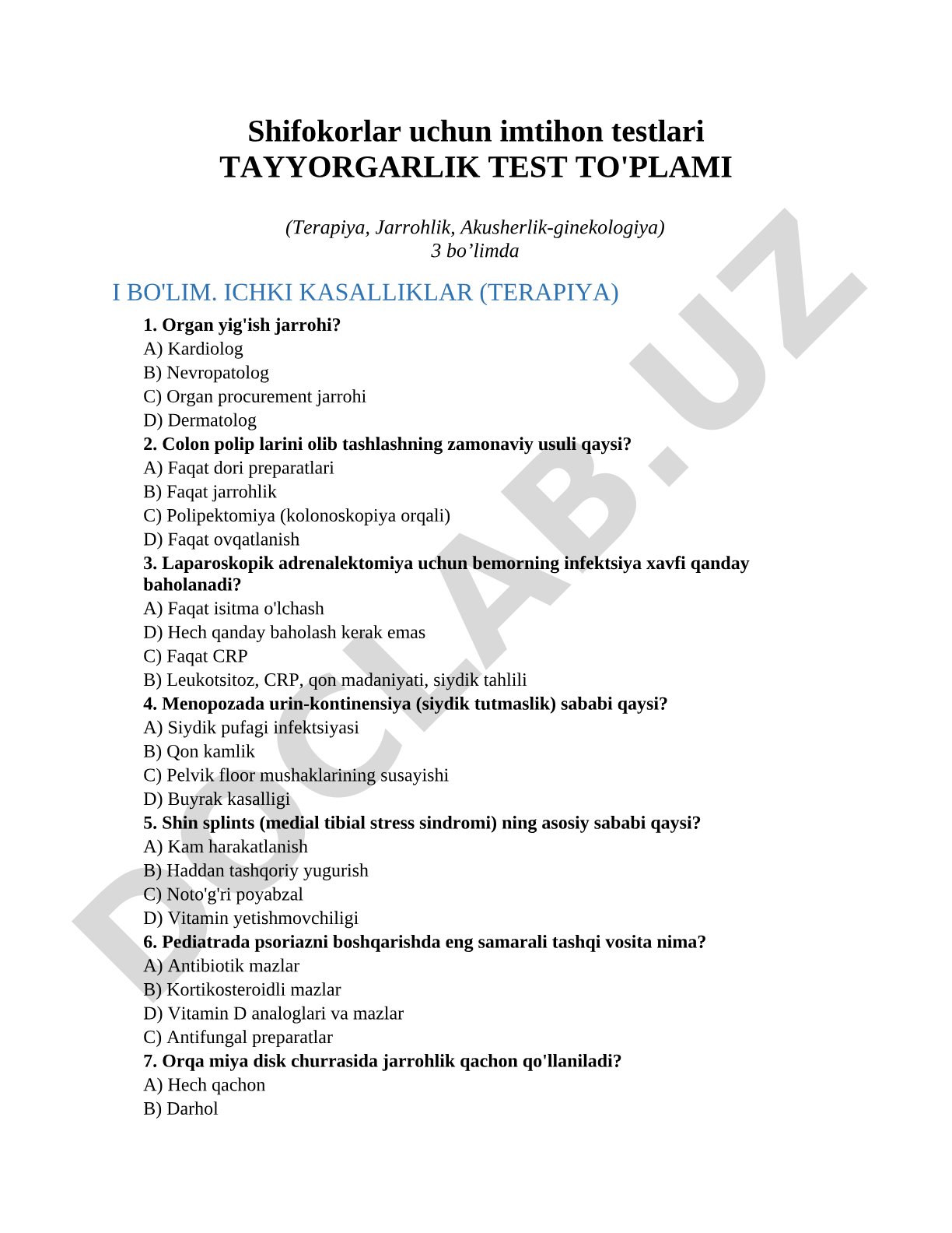Shifokorlar uchun imtihon testlari tayyorgarlik test to'plami (Terapiya, Jarrohlik, Akusherlik-ginekologiya)