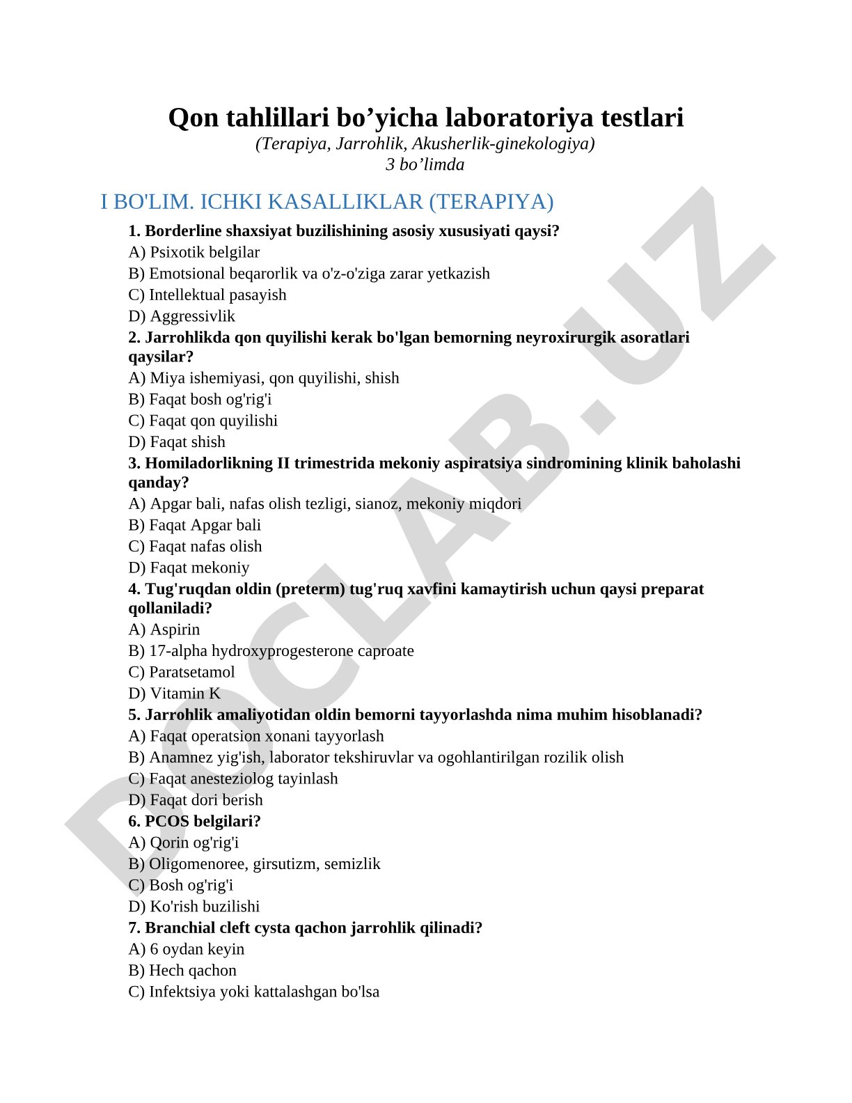 Qon tahlillari bo’yicha laboratoriya testlari (Terapiya, Jarrohlik, Akusherlik-ginekologiya)