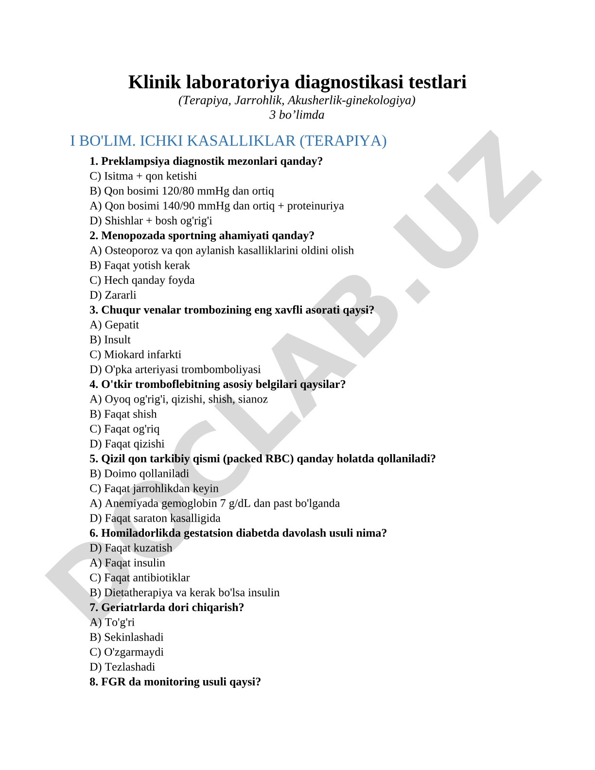 Klinik laboratoriya diagnostikasi testlari (Terapiya, Jarrohlik, Akusherlik-ginekologiya)