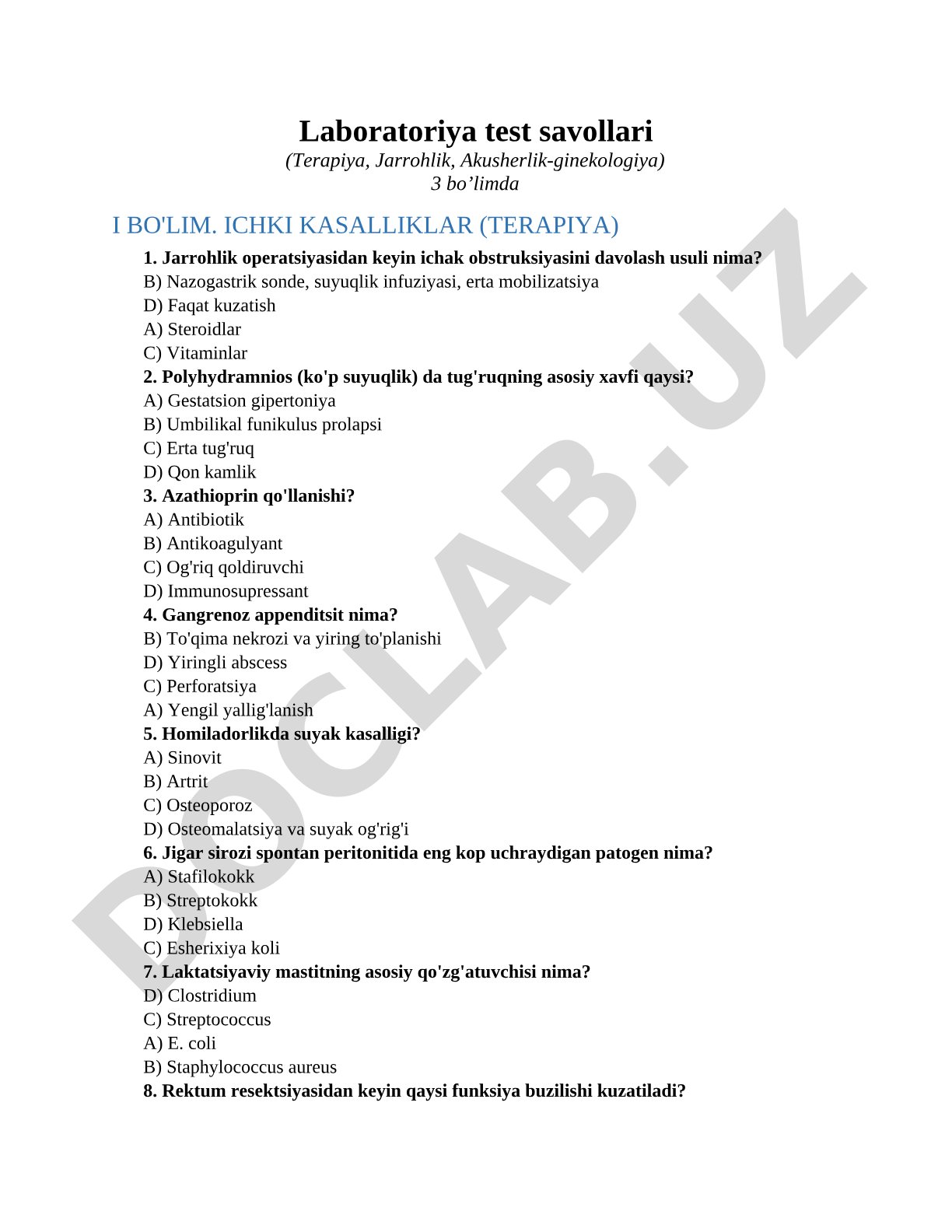 Laboratoriya test savollari (Terapiya, Jarrohlik, Akusherlik-ginekologiya)