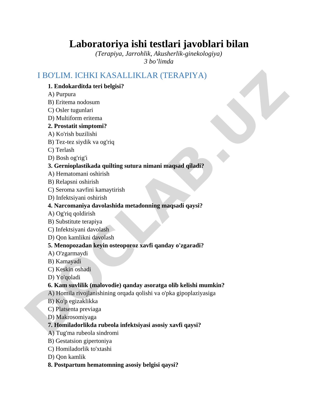 Laboratoriya ishi testlari javoblari bilan (Terapiya, Jarrohlik, Akusherlik-ginekologiya)