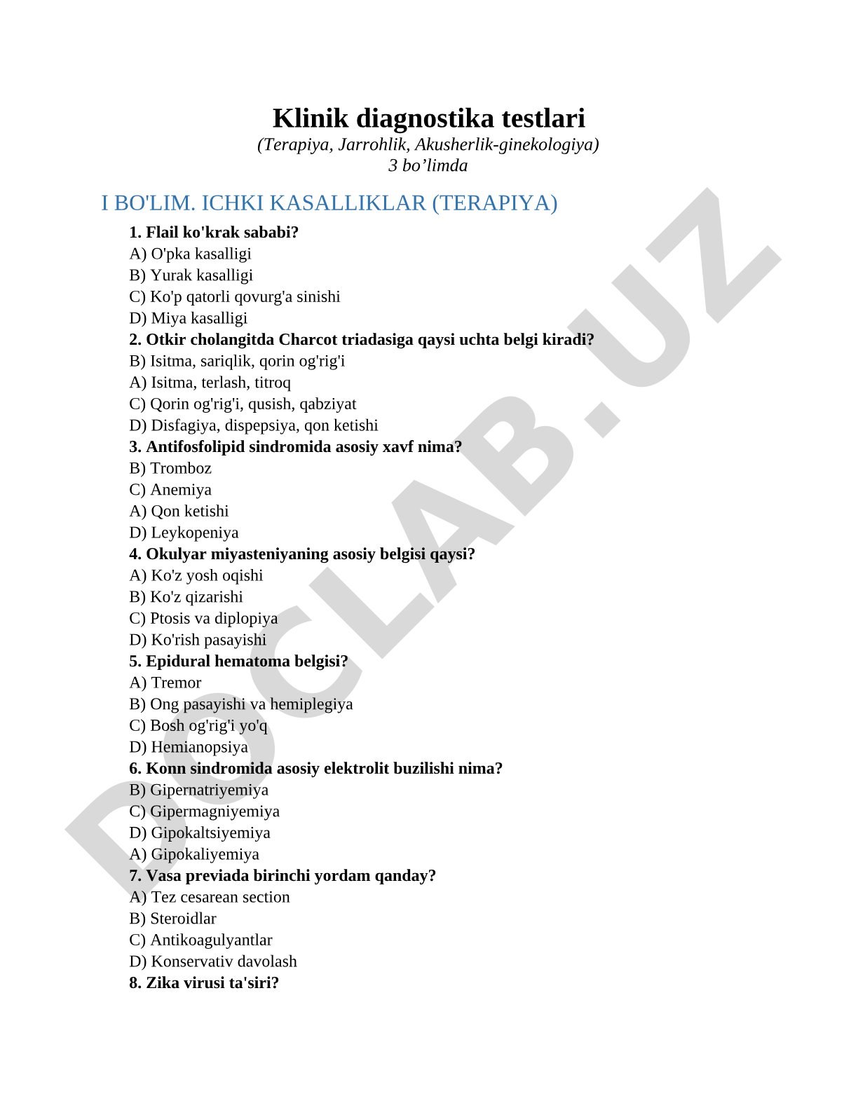 Klinik diagnostika testlari (Terapiya, Jarrohlik, Akusherlik-ginekologiya)