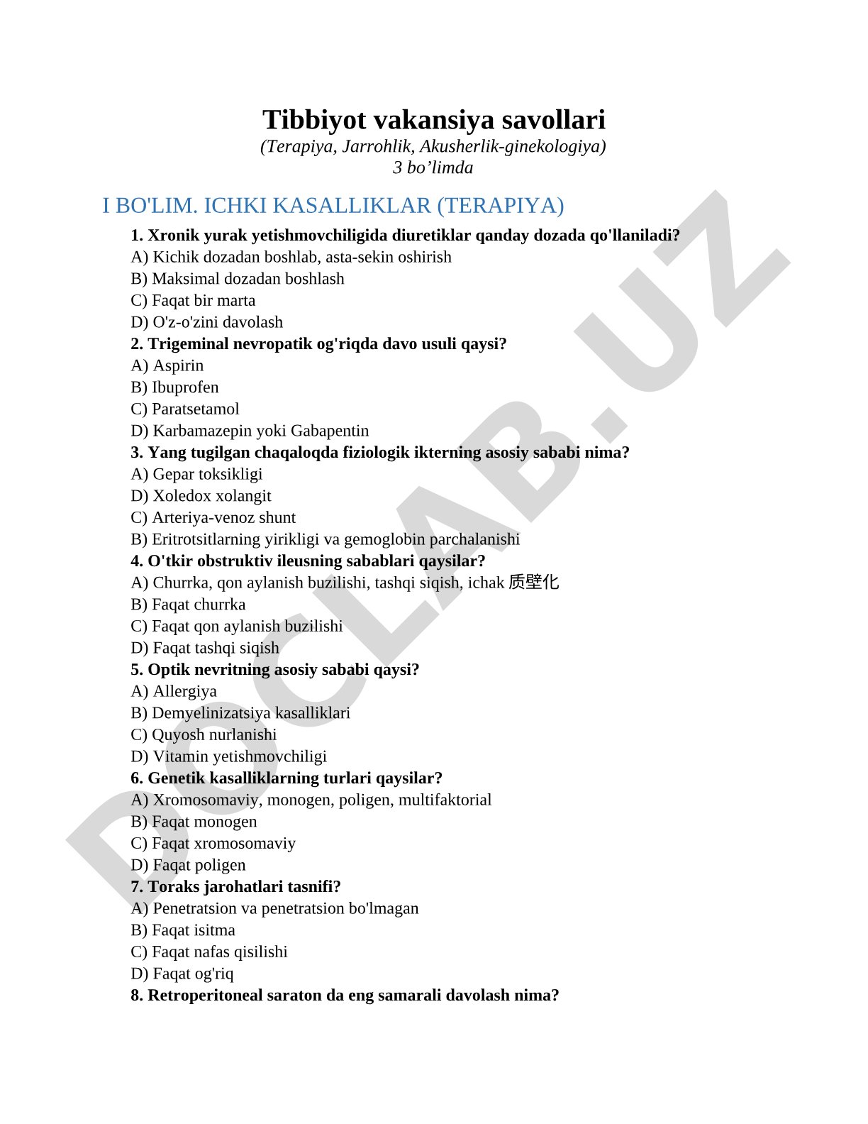 Tibbiyot vakansiya savollari (Terapiya, Jarrohlik, Akusherlik-ginekologiya)