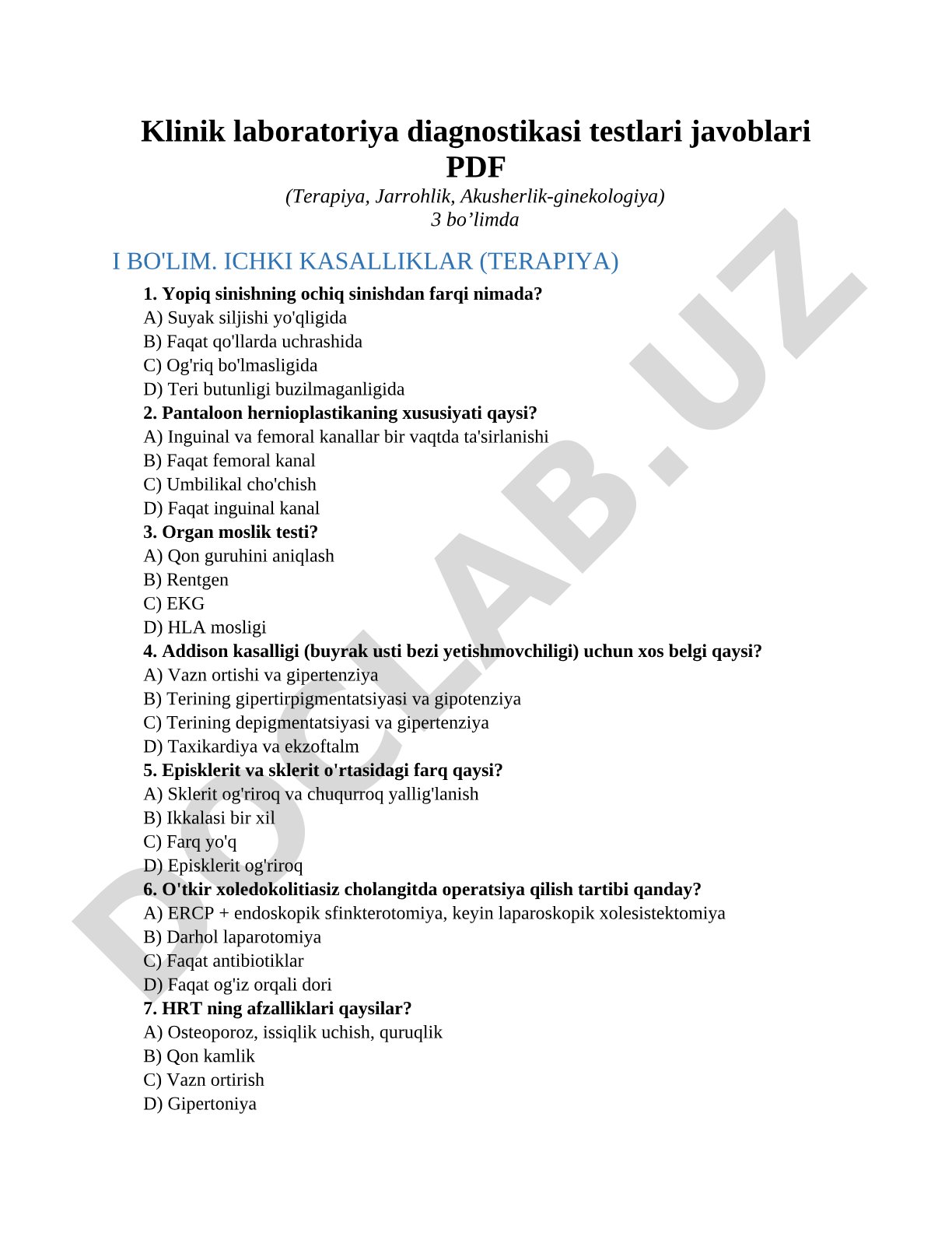 Klinik laboratoriya diagnostikasi testlari javoblari