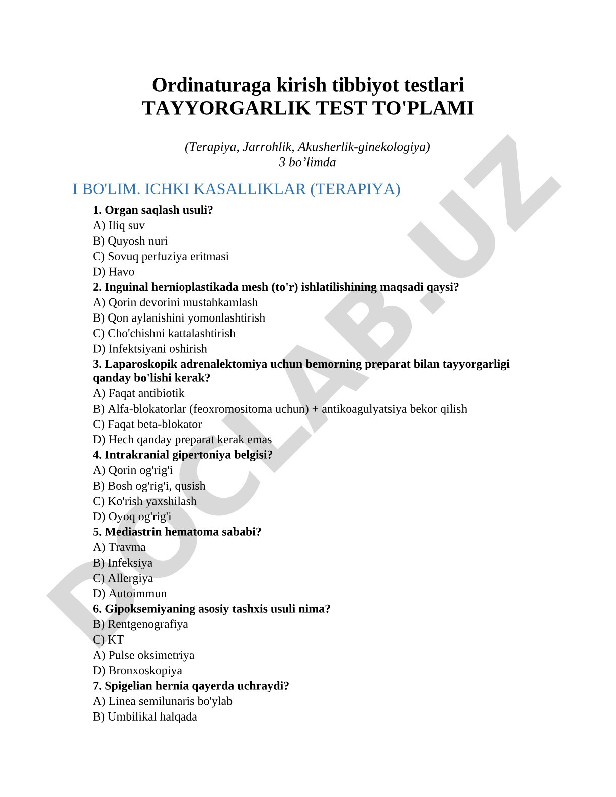 Ordinaturaga kirish tibbiyot testlari TAYYORGARLIK TEST TO'PLAMI (Terapiya, Jarrohlik, Akusherlik-ginekologiya)