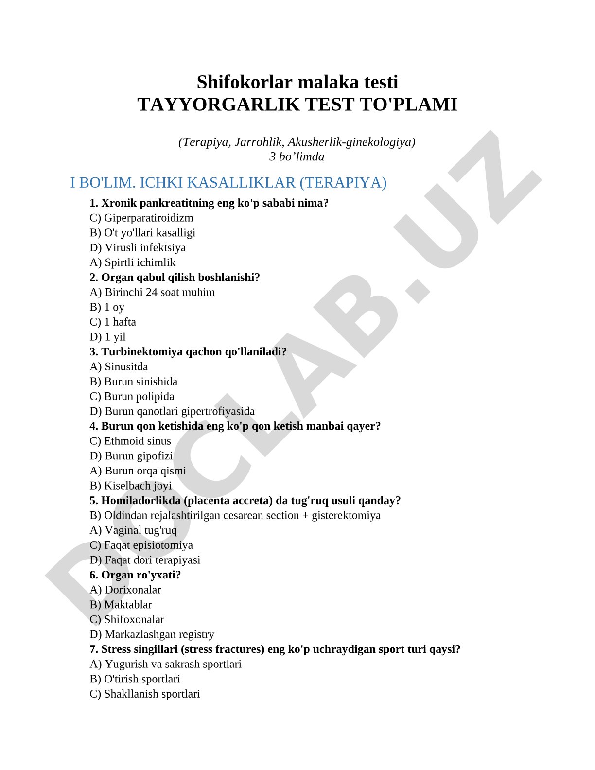 Shifokorlar malaka testi tayyorgarlik test to'plami (Terapiya, Jarrohlik, Akusherlik-ginekologiya)