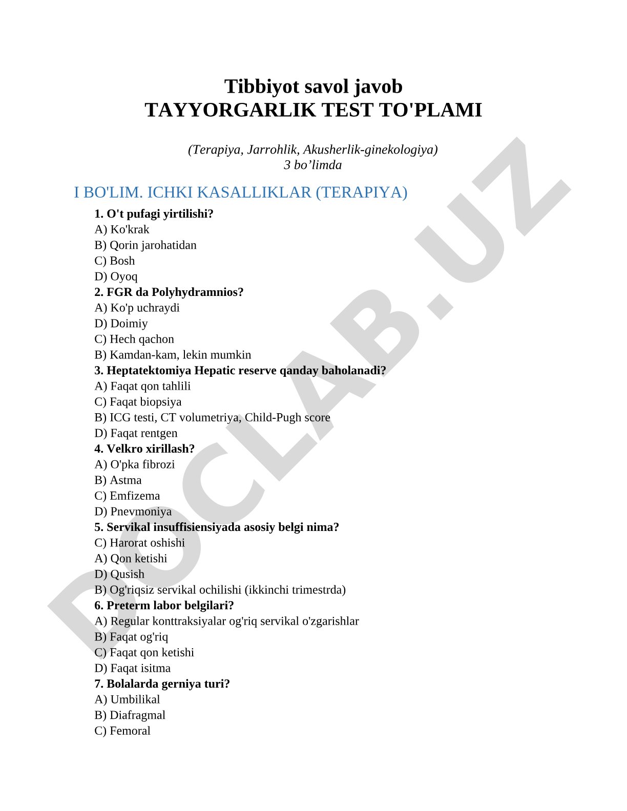 Tibbiyot savol javob tayyorgarlik test to'plami (Terapiya, Jarrohlik, Akusherlik-ginekologiya)