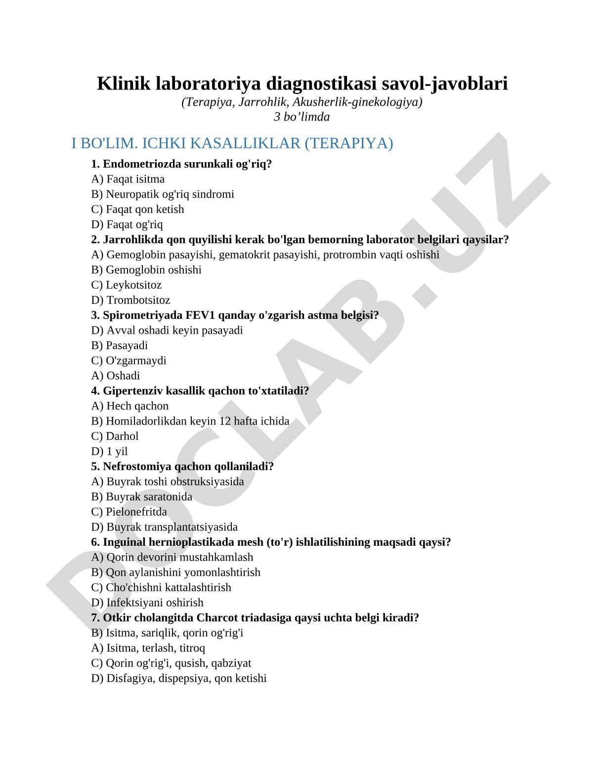 Klinik laboratoriya diagnostikasi savol-javoblari (Terapiya, Jarrohlik, Akusherlik-ginekologiya)