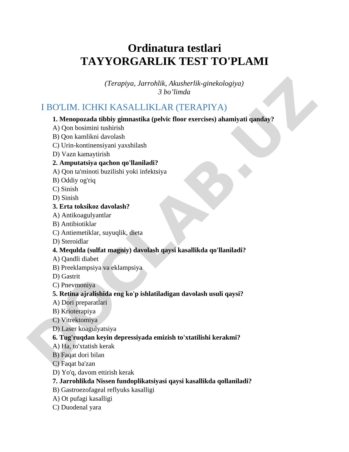 Ordinatura testlari Tayyorgarlik test to'plami (Terapiya, Jarrohlik, Akusherlik-ginekologiya)