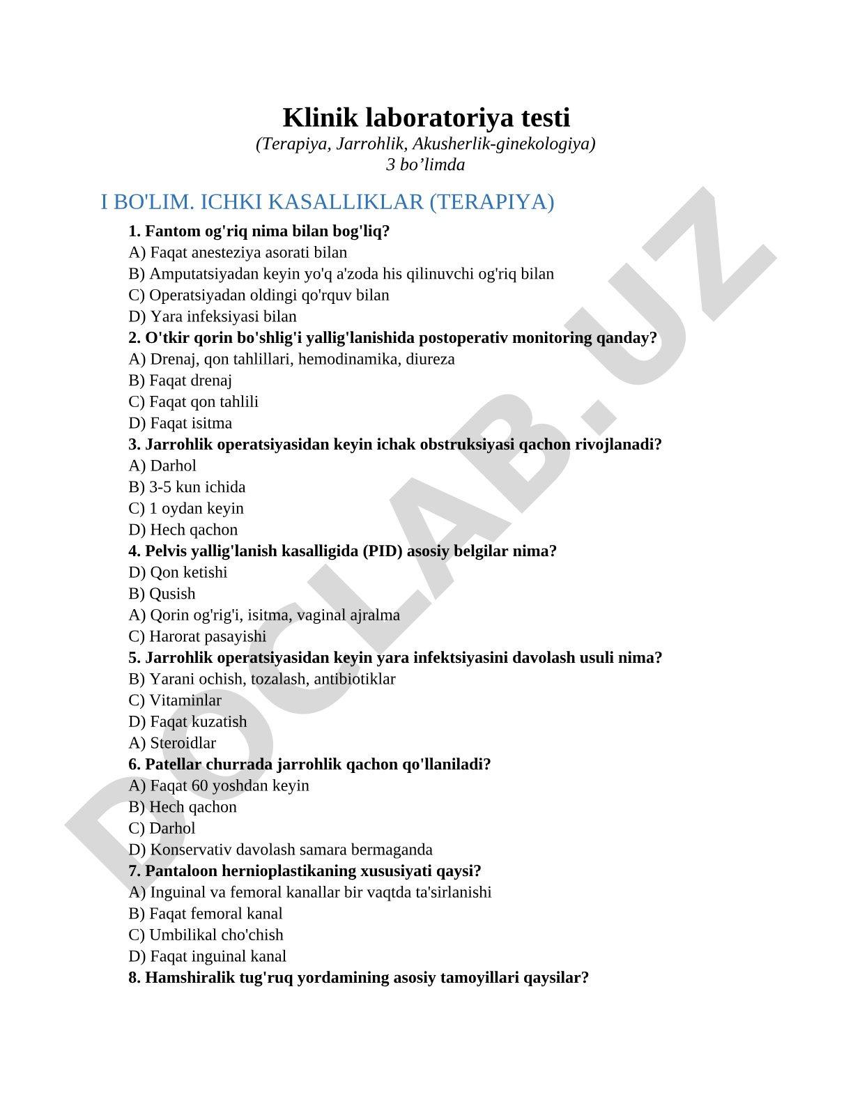 Klinik laboratoriya testi (Terapiya, Jarrohlik, Akusherlik-ginekologiya)