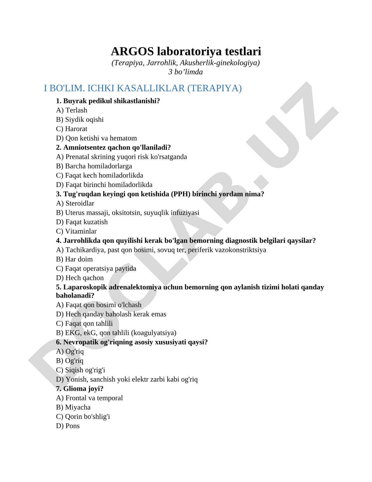 ARGOS laboratoriya testlari (Terapiya, Jarrohlik, Akusherlik-ginekologiya)3 bo’limda