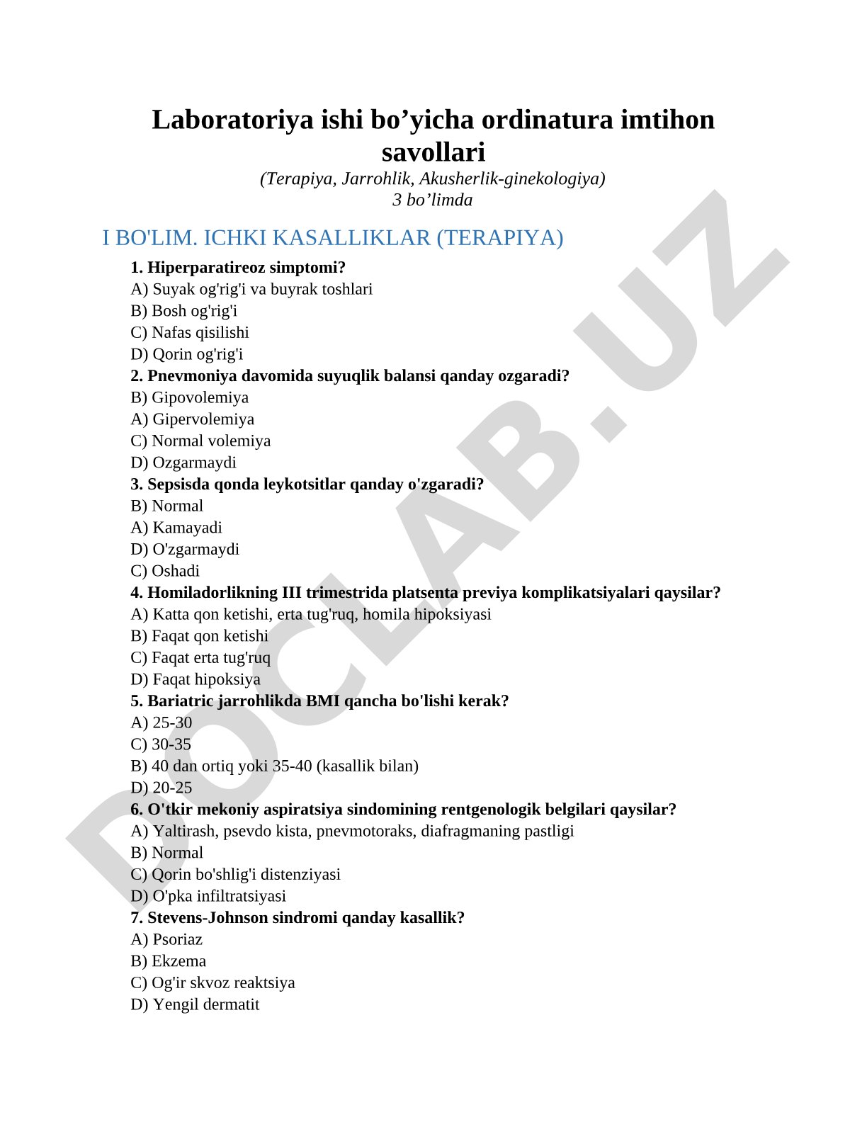 Laboratoriya ishi bo’yicha ordinatura imtihon savollari (Terapiya, Jarrohlik, Akusherlik-ginekologiya)