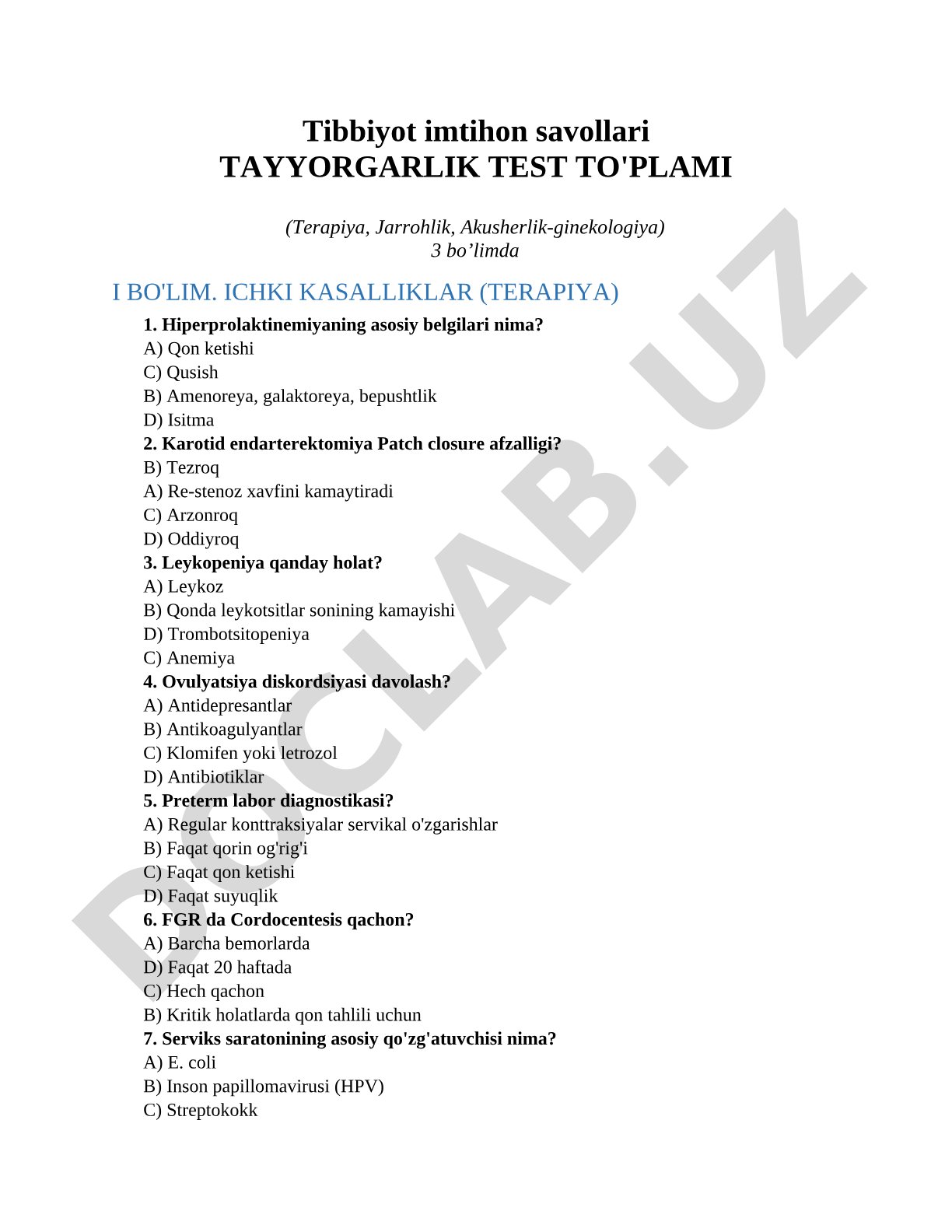 Tibbiyot imtihon savollari TAYYORGARLIK TEST TO'PLAMI (Terapiya, Jarrohlik, Akusherlik-ginekologiya)
