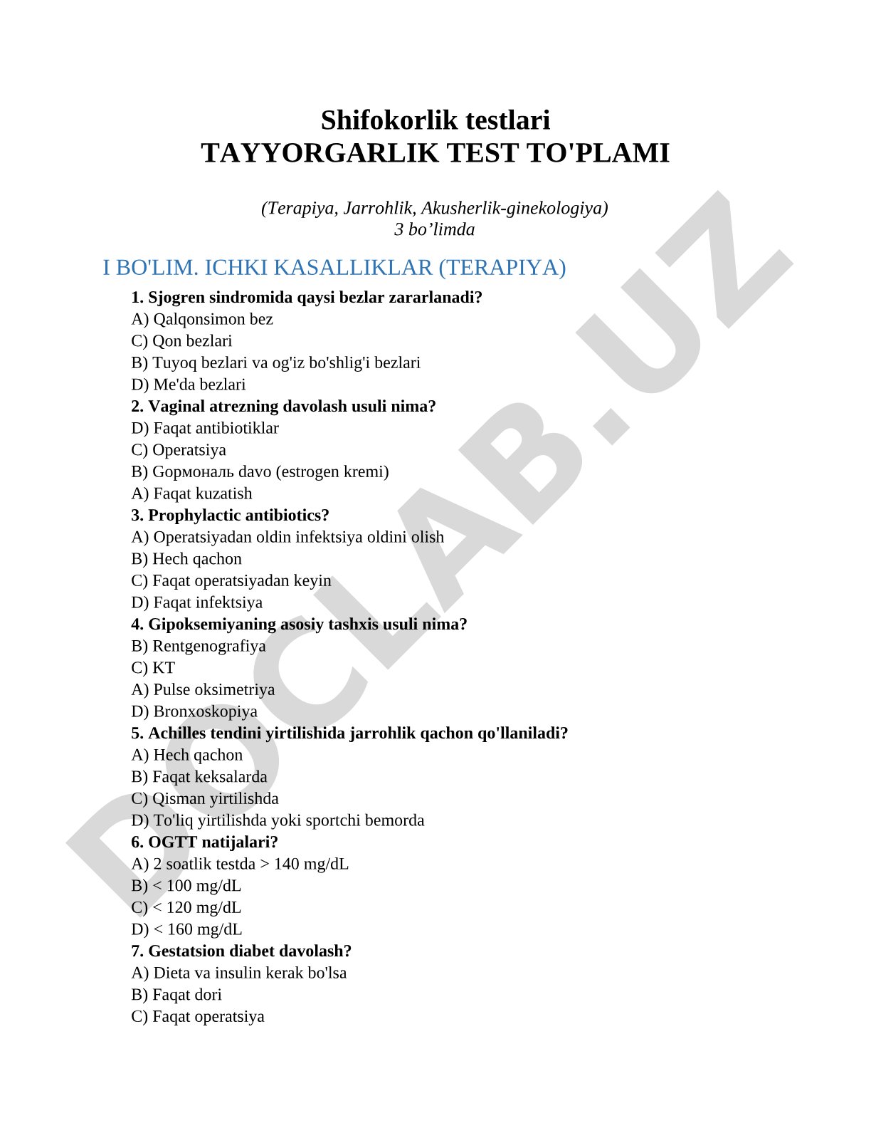 Shifokorlik testlari tayyorgarlik test to'plami (Terapiya, Jarrohlik, Akusherlik-ginekologiya)