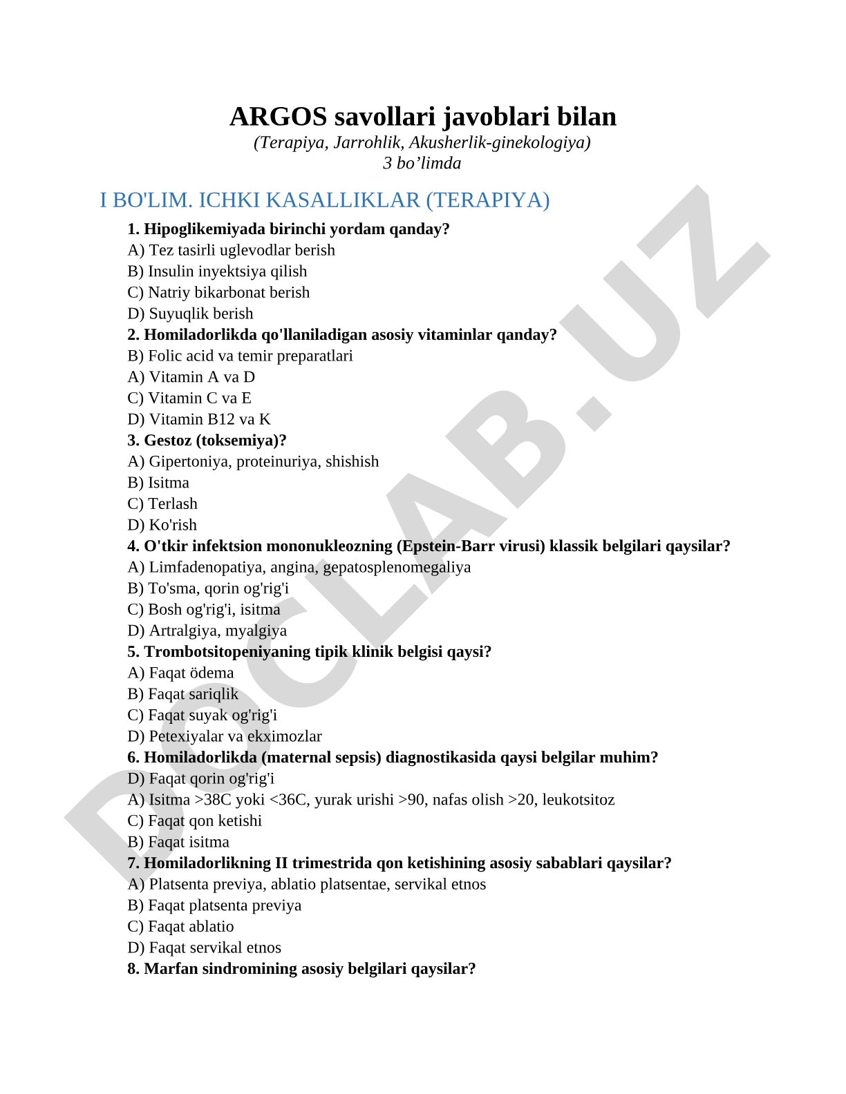 ARGOS savollari javoblari bilan (Terapiya, Jarrohlik, Akusherlik-ginekologiya)