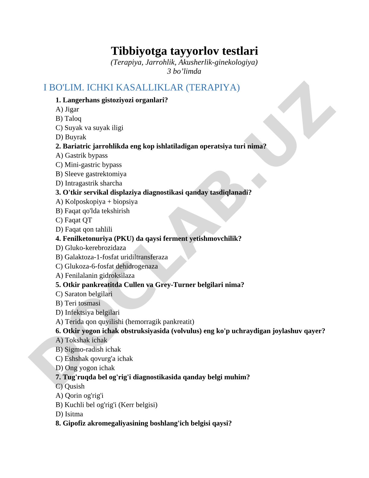 Tibbiyotga tayyorlov testlari (Terapiya, Jarrohlik, Akusherlik-ginekologiya)