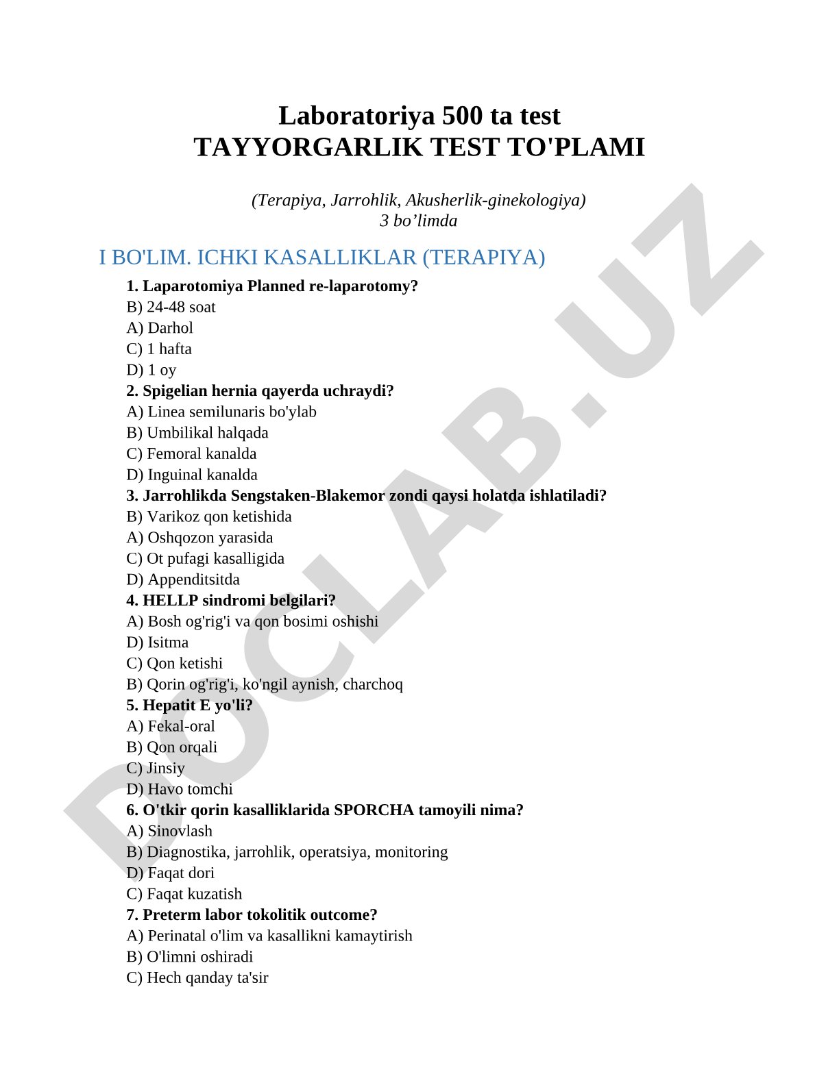 Laboratoriya 500 ta test TAYYORGARLIK TEST TO'PLAMI