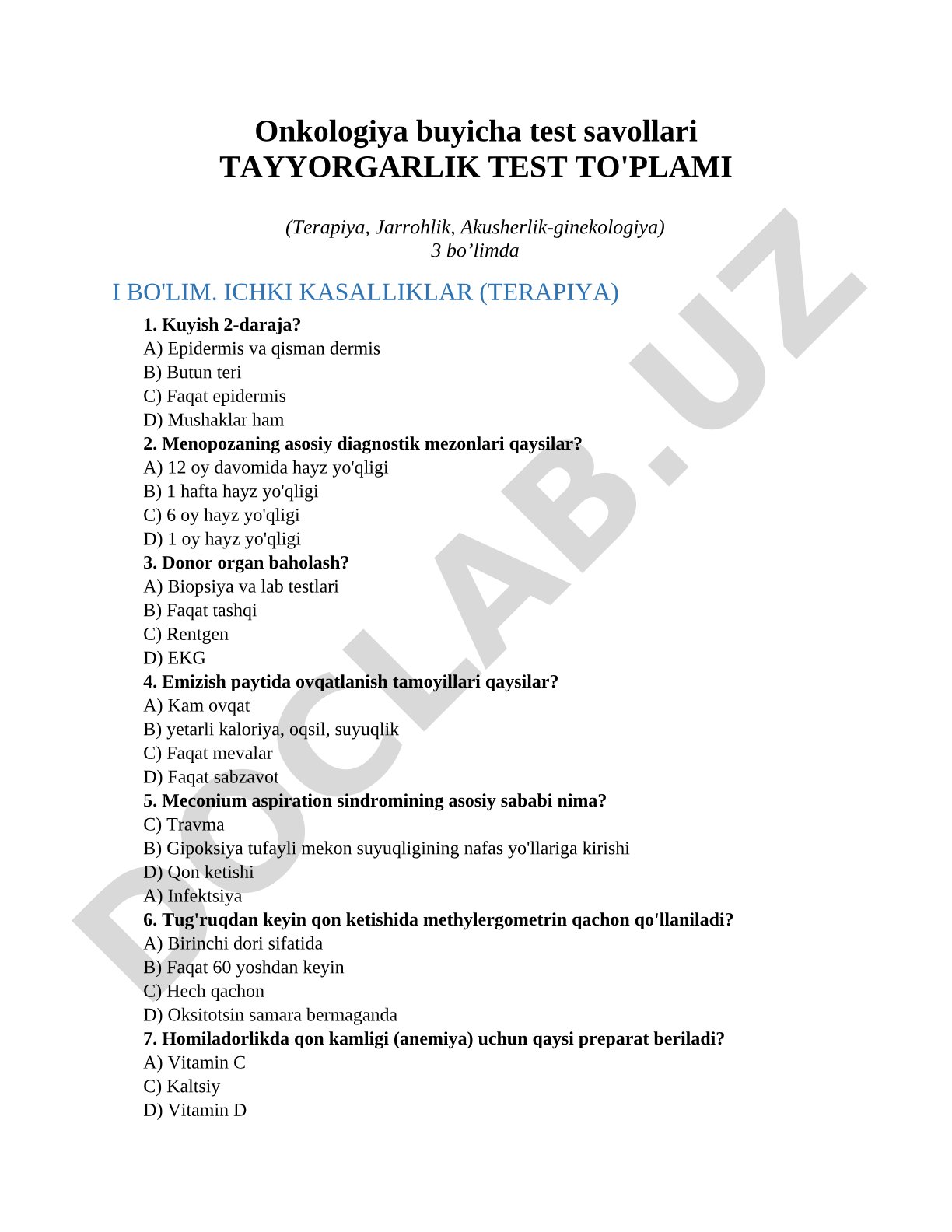 Onkologiya buyicha test savollari