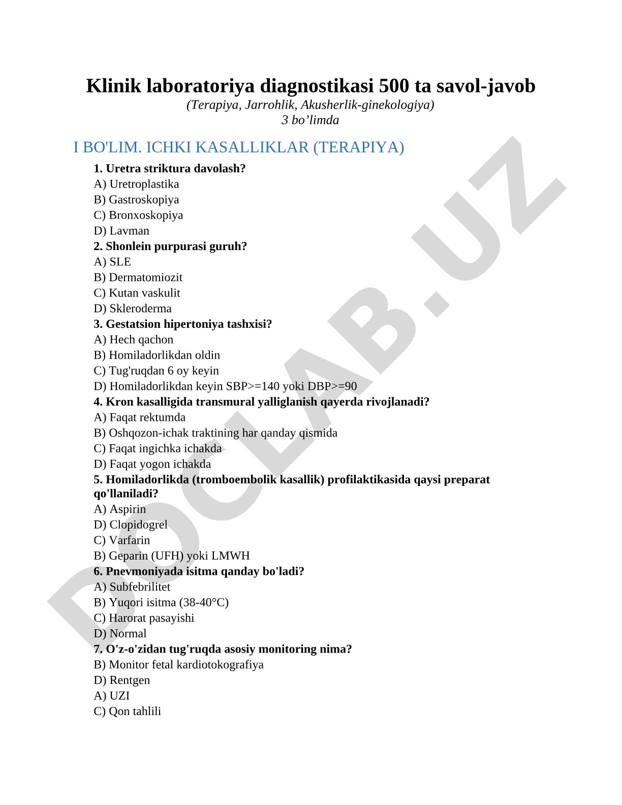 Klinik laboratoriya diagnostikasi 500 ta savol-javob (Terapiya, Jarrohlik, Akusherlik-ginekologiya)