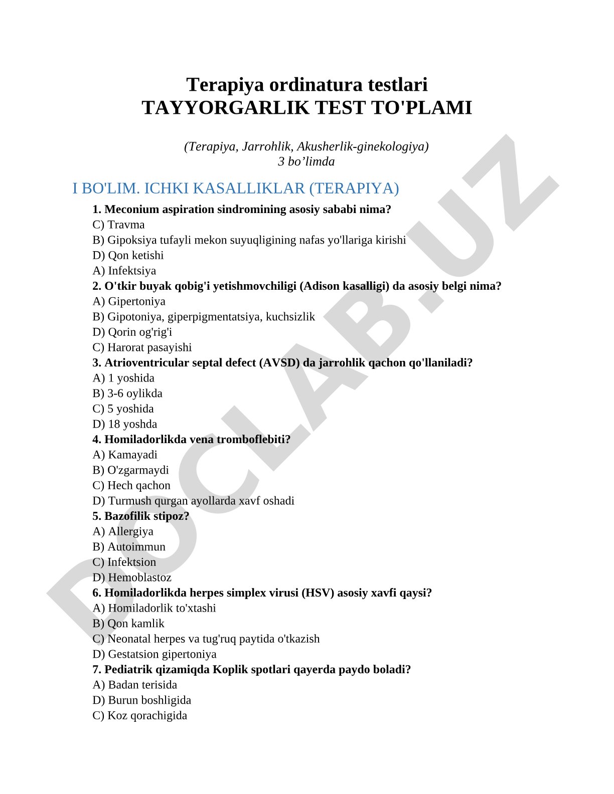 Terapiya ordinatura testlari TAYYORGARLIK TEST TO'PLAMI