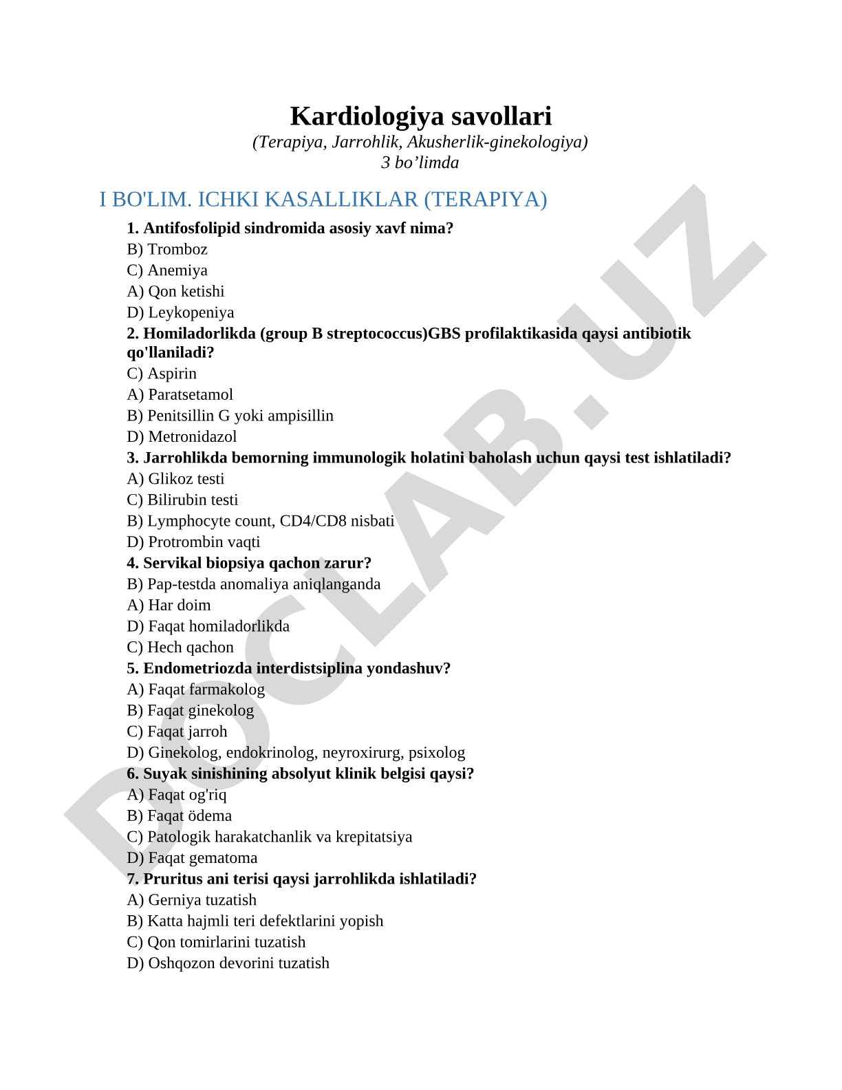 Kardiologiya savollari (Terapiya, Jarrohlik, Akusherlik-ginekologiya)
