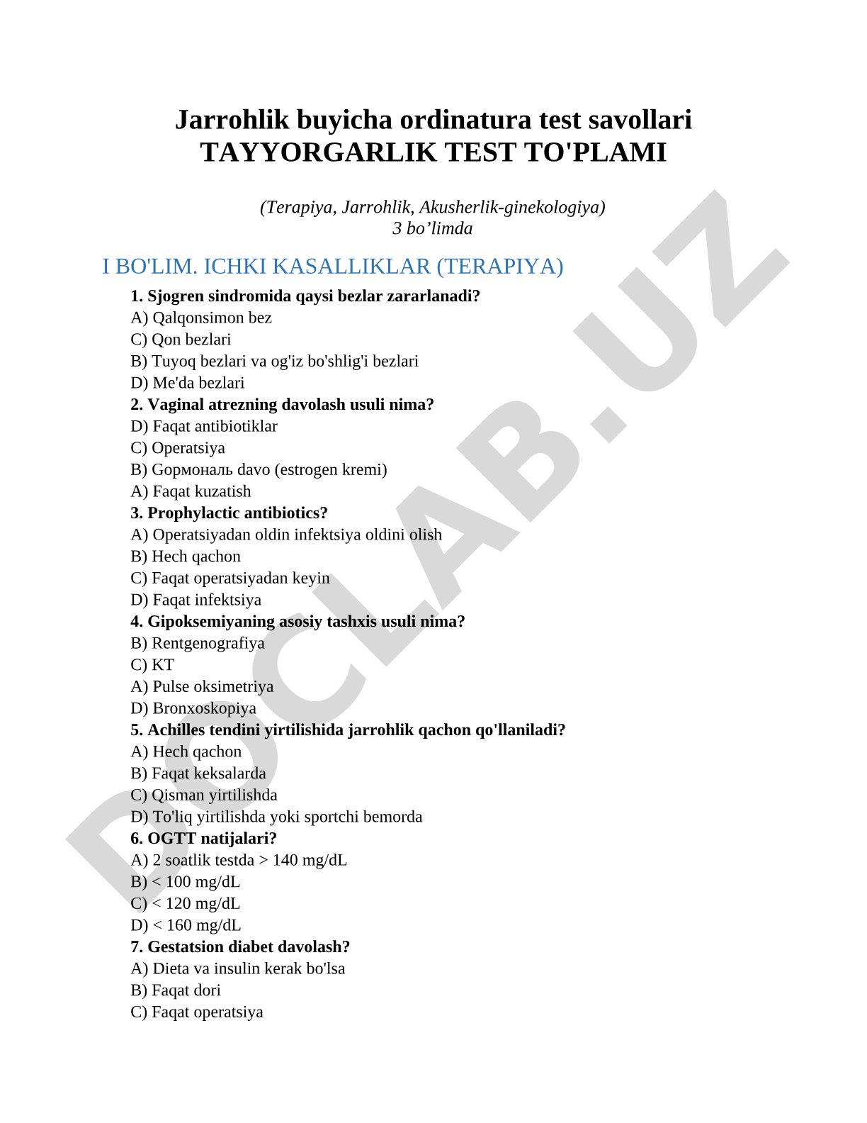 Jarrohlik buyicha ordinatura test savollari