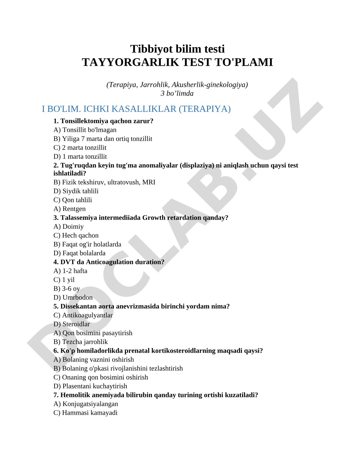 Tibbiyot bilim testi Tayyorgarlik Test To'plami (Terapiya, Jarrohlik, Akusherlik-ginekologiya)