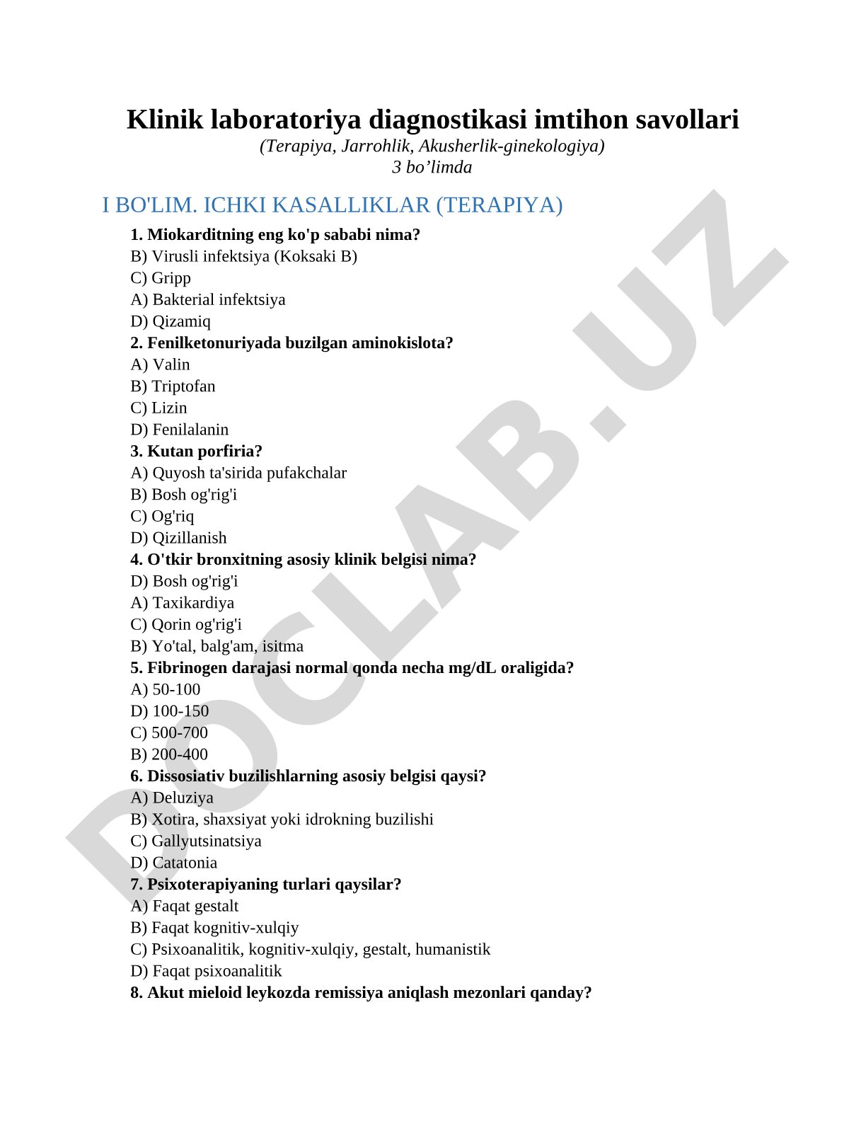 Klinik laboratoriya diagnostikasi imtihon savollari (Terapiya, Jarrohlik, Akusherlik-ginekologiya)