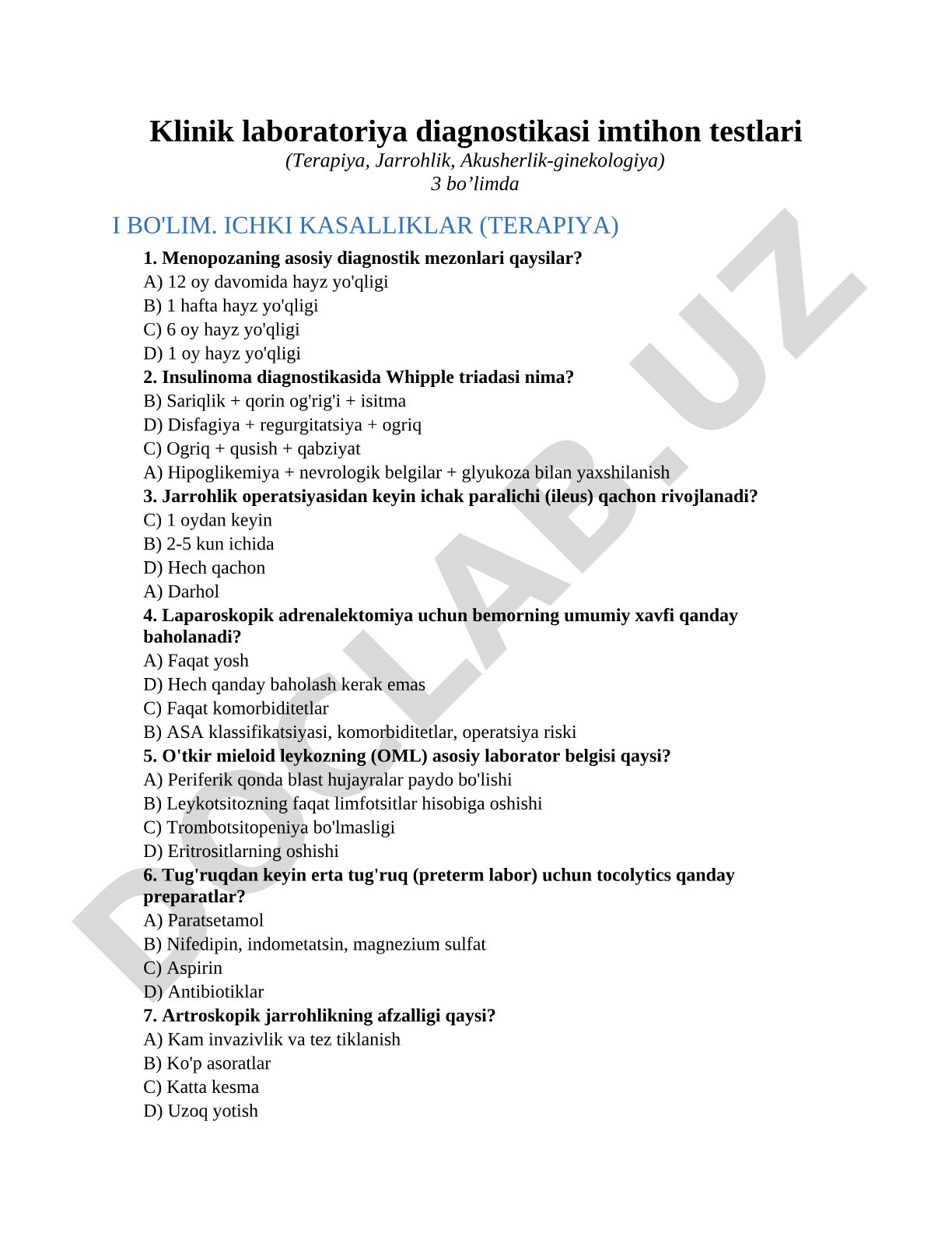 Klinik laboratoriya diagnostikasi imtihon testlari (Terapiya, Jarrohlik, Akusherlik-ginekologiya)
