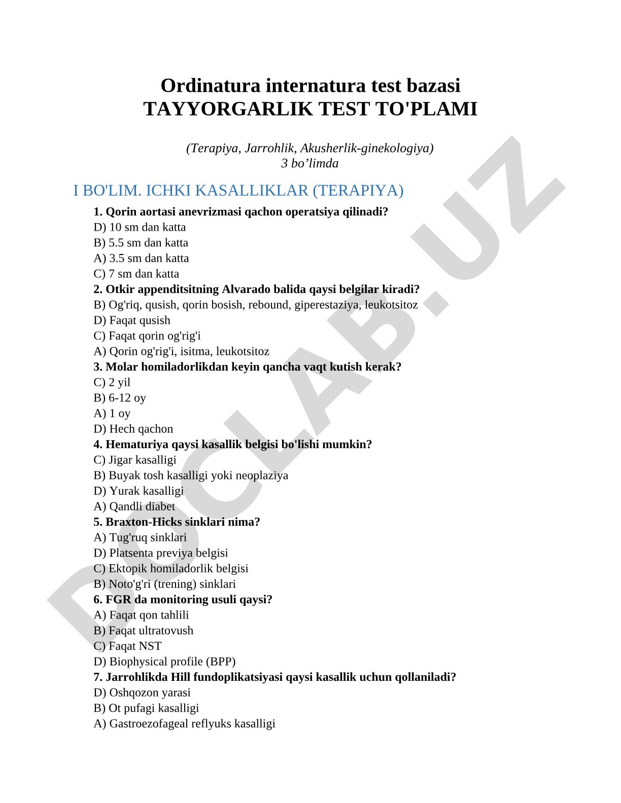 Ordinatura internatura test bazasi (Terapiya)
