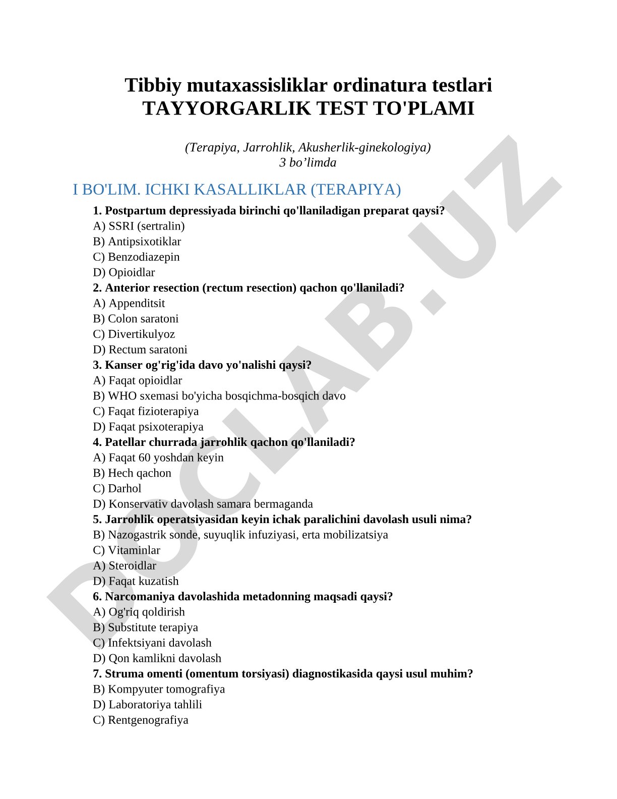 Tibbiy mutaxassisliklar ordinatura testlari Tayyorgarlik test to'plami (Terapiya, Jarrohlik, Akusherlik-ginekologiya)