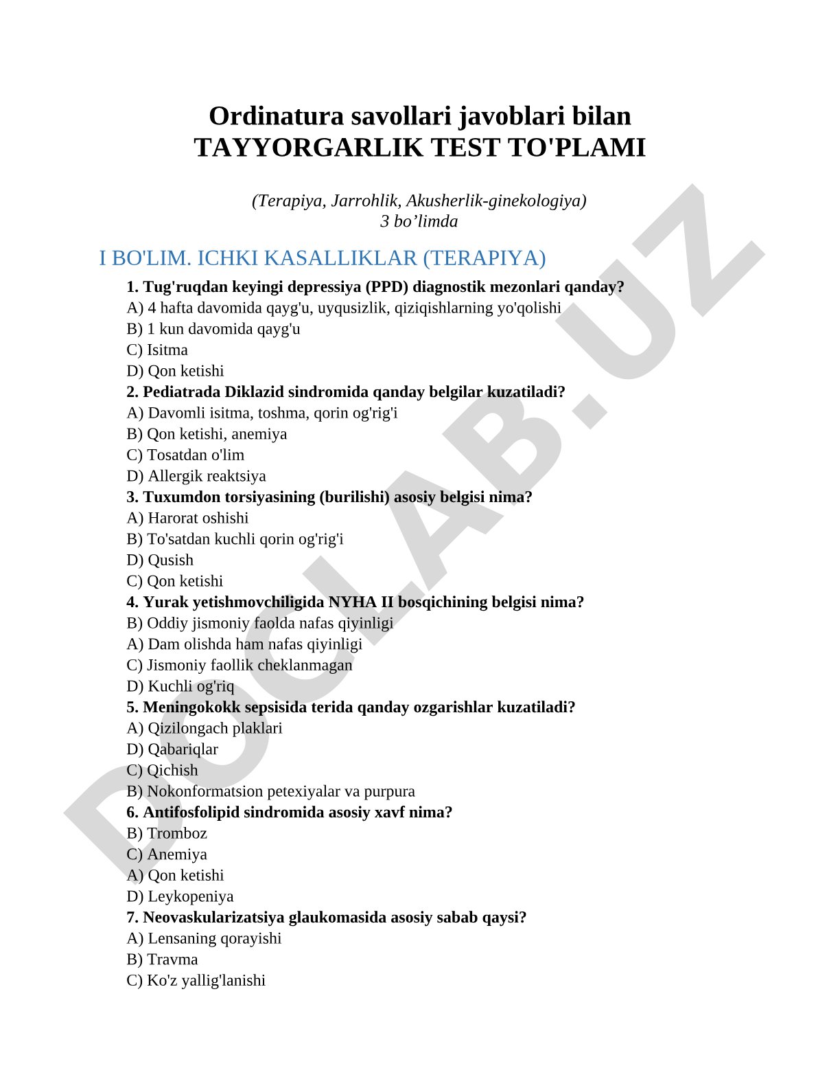Ordinatura savollari javoblari bilan (Terapiya, Jarrohlik, Akusherlik-ginekologiya)