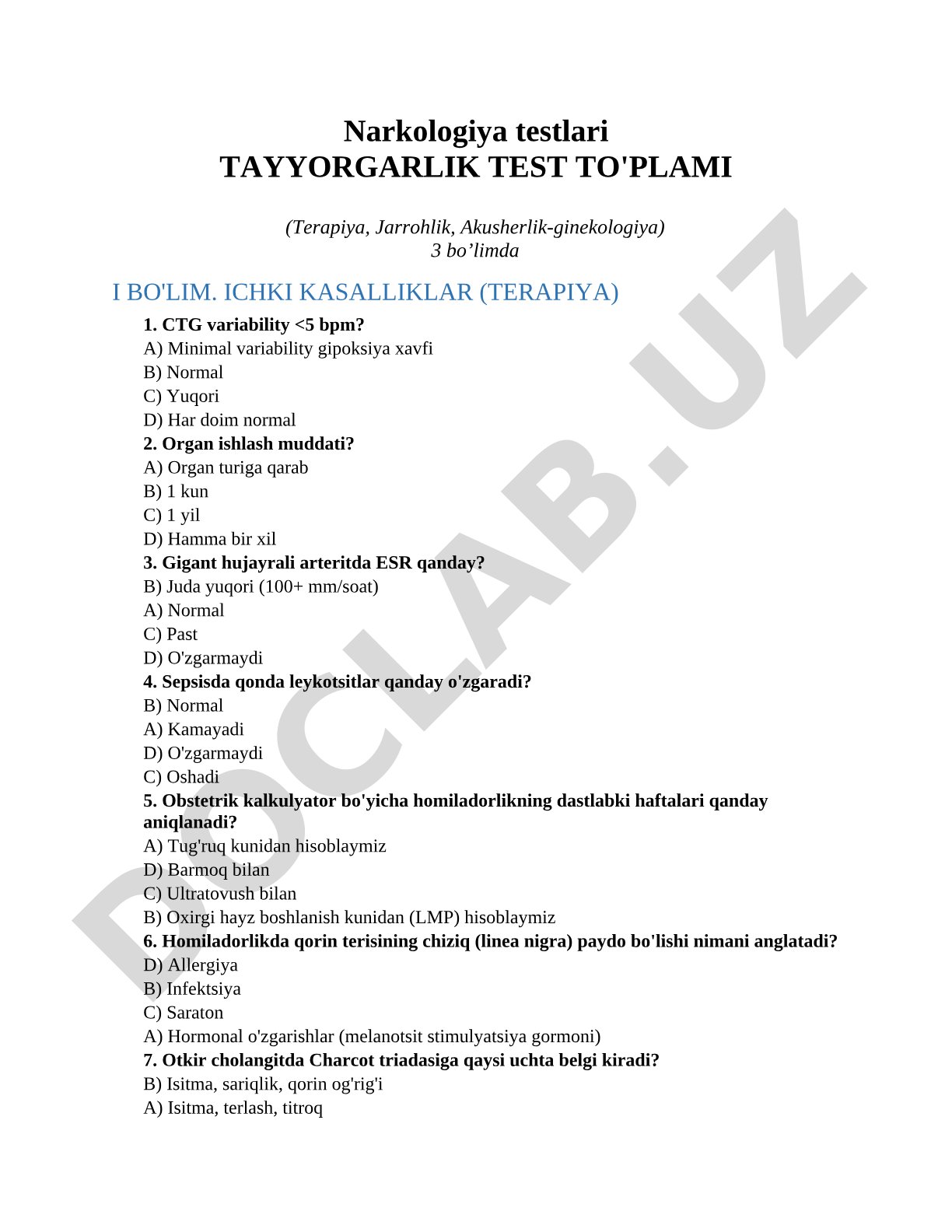Narkologiya testlari tayyorgarlik test to'plami (terapiya, jarrohlik, akusherlik-ginekologiya)