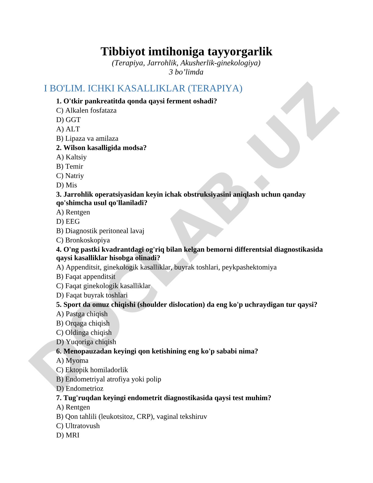 Tibbiyot imtihoniga tayyorgarlik (Terapiya, Jarrohlik, Akusherlik-ginekologiya)