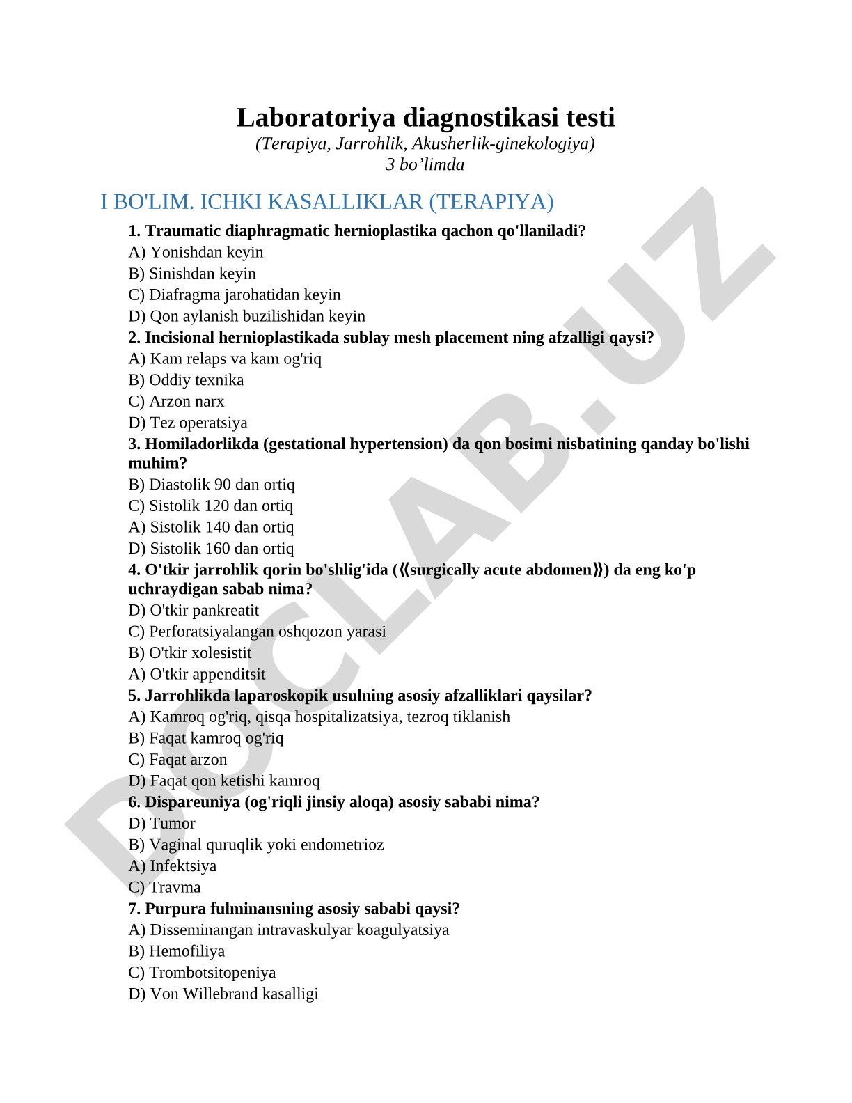 Laboratoriya diagnostikasi testi (Terapiya, Jarrohlik, Akusherlik-ginekologiya)