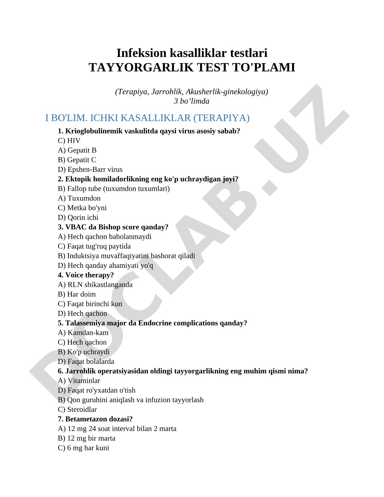 Infeksion kasalliklar testlari TAYYORGARLIK TEST TO'PLAMI (Terapiya, Jarrohlik, Akusherlik-ginekologiya)